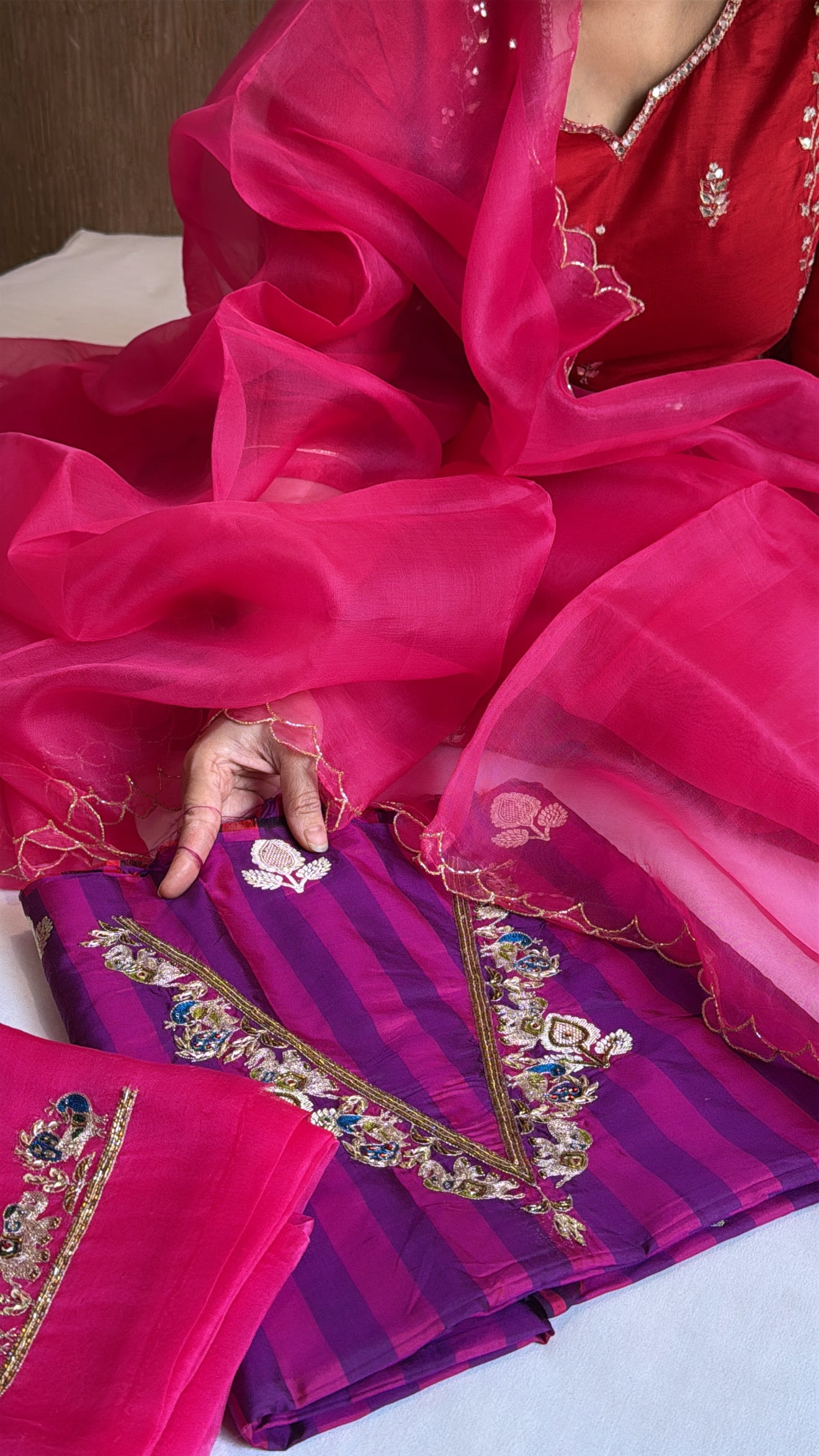 Magenta purple-pink katan silk striped dhup chao effect kurta paired with Kora silk scalloped duppata set