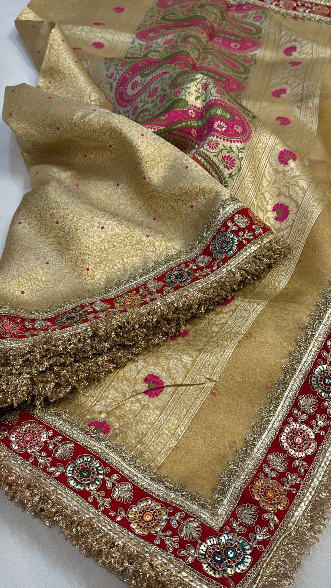 Golden tissue brocade meenakari heavy tissue silk kadhwa saree