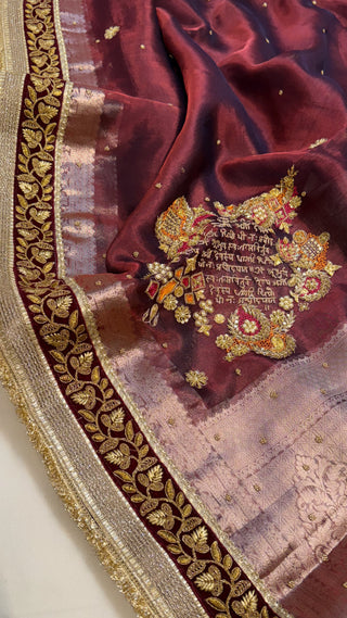 Phere wali saree - Metallic plum tissue silk “Gayatri mantra “ hand embroidered saree