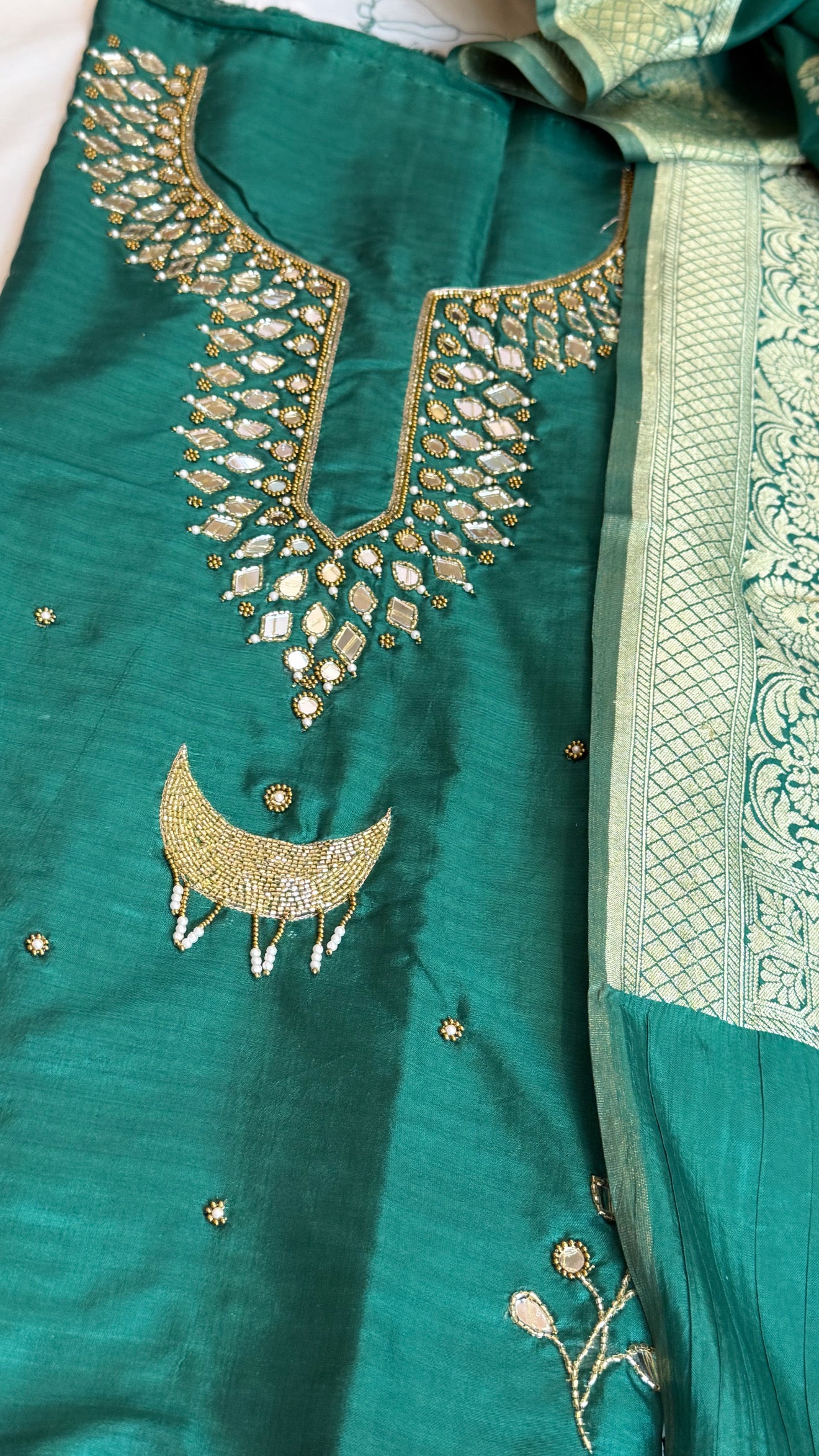 Sheesham bottle green mirror work katan silk hand embroidered kadhwa suit set