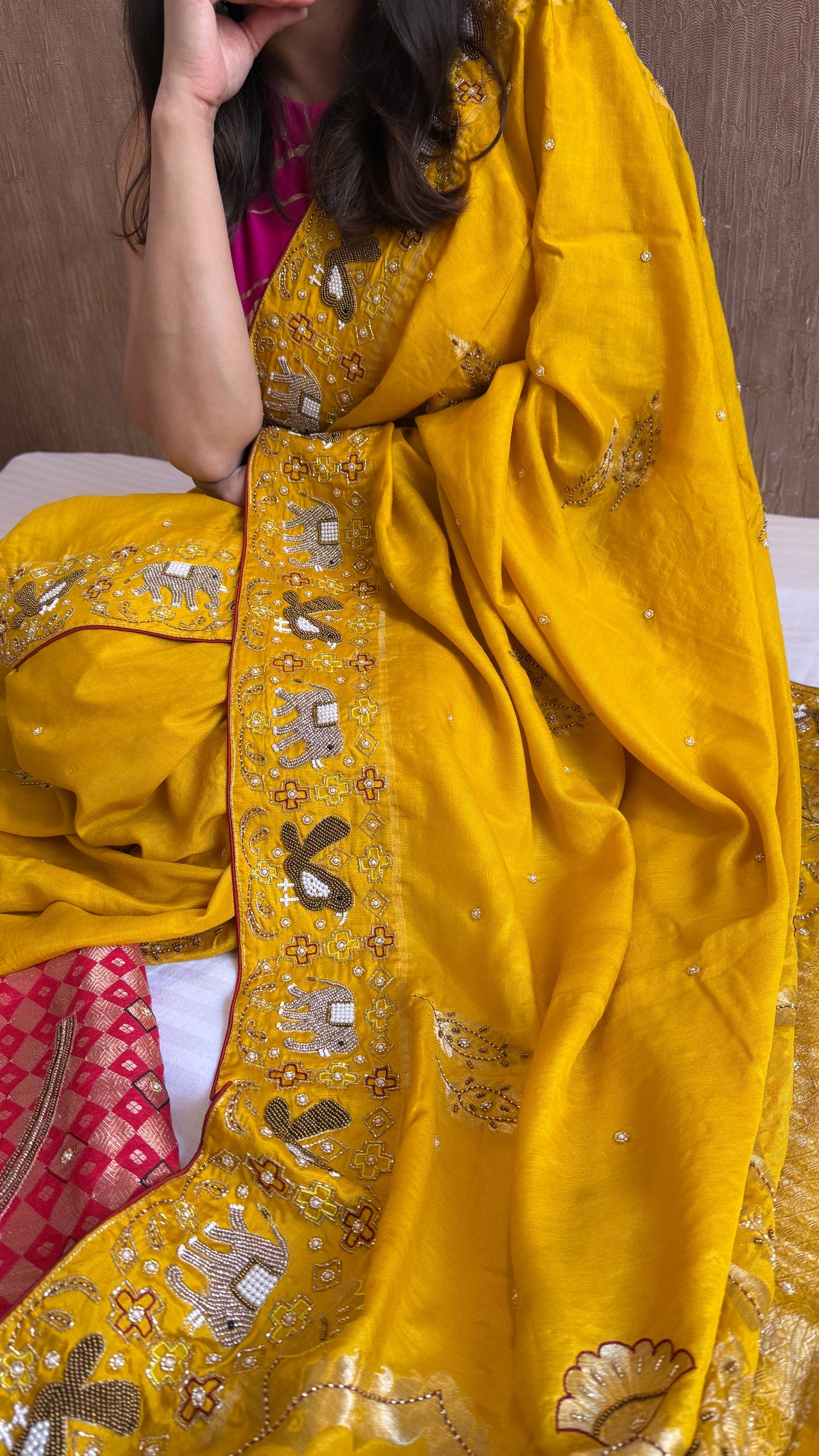 Moonga silk ikkat patola inspired hand embroidered kadhwa saree