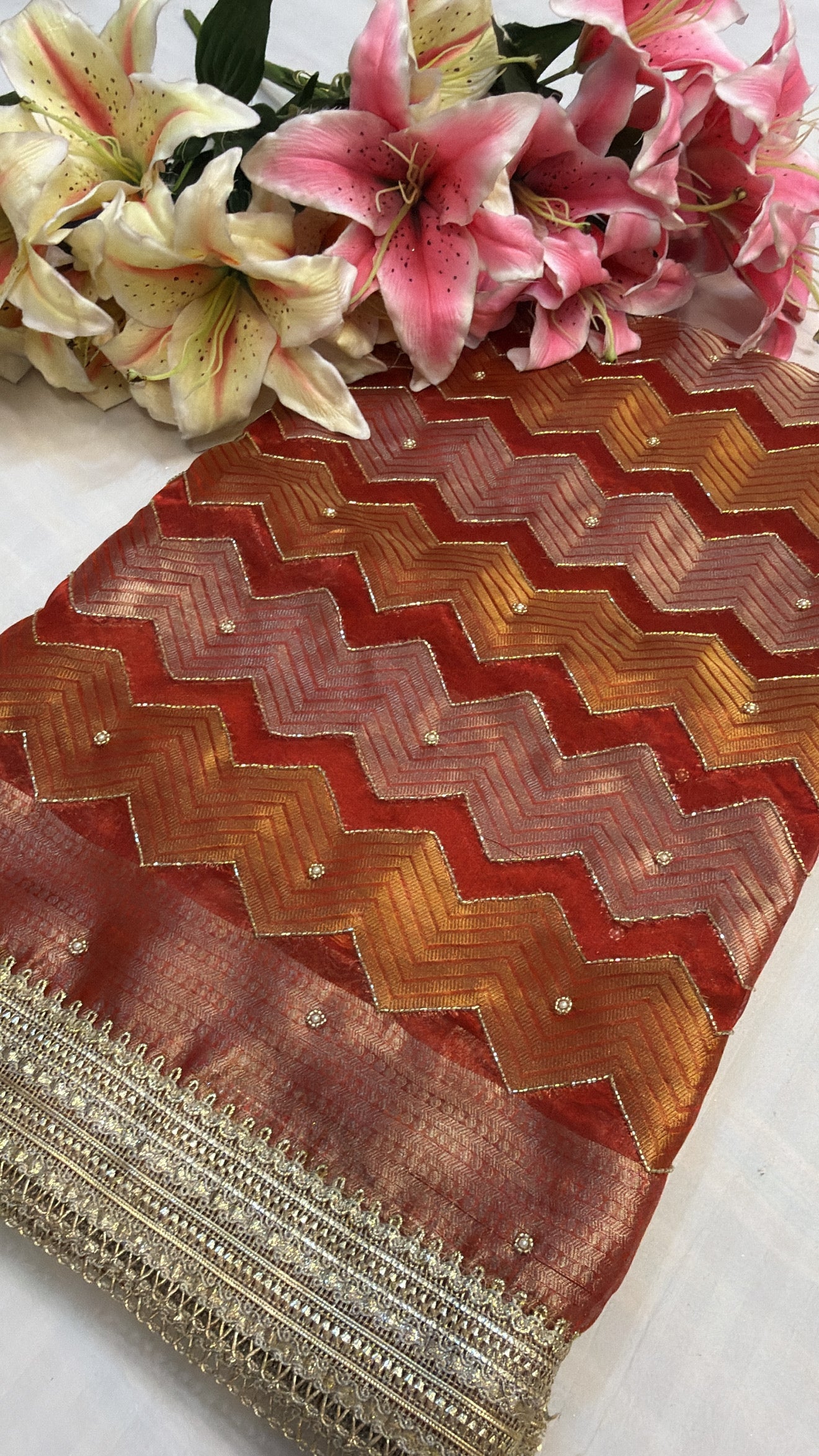 Blood red geometric weaving tissue silk hand embroidered saree