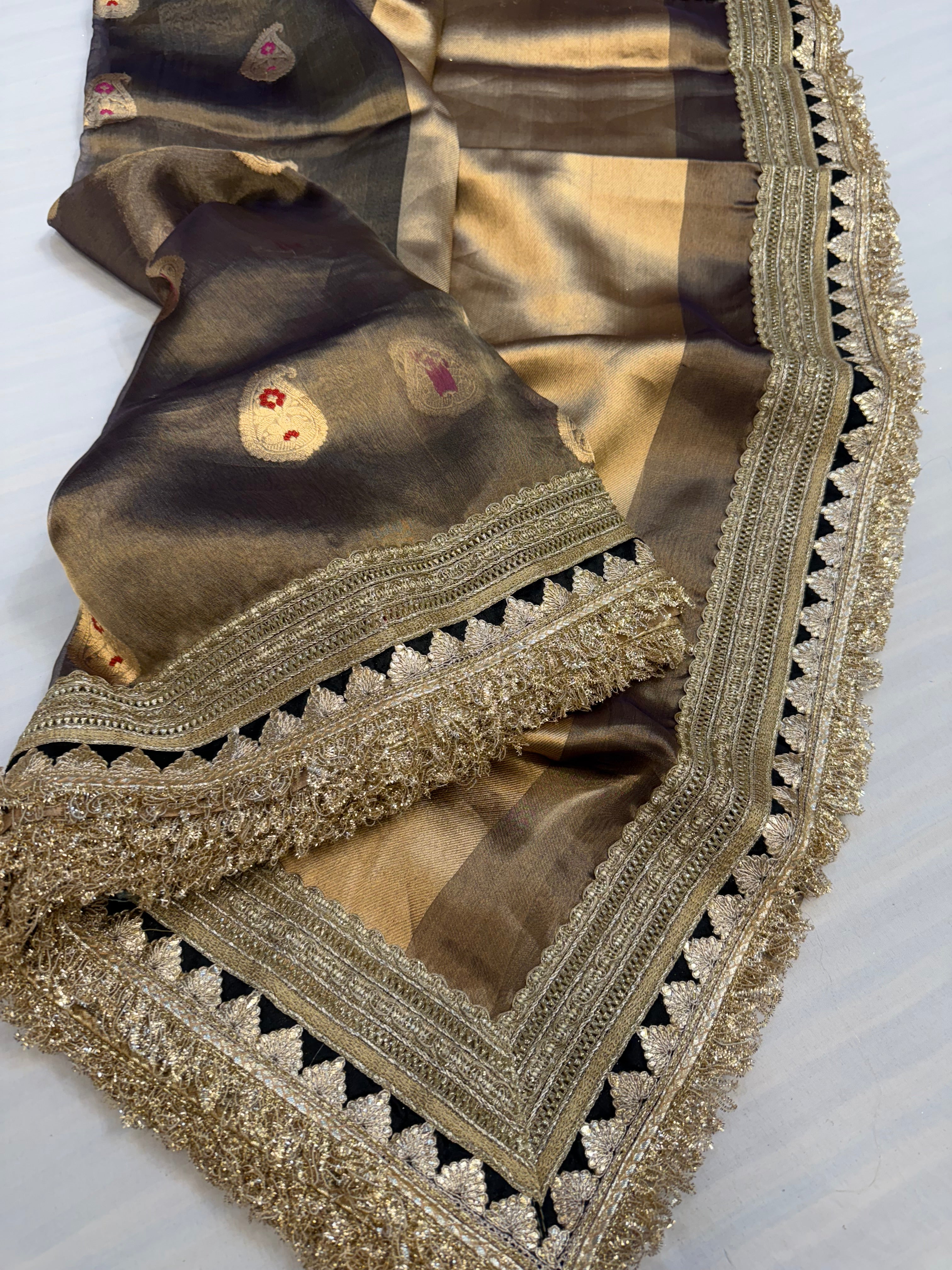 English grey tissue silk meenakari kadhwa buti saree