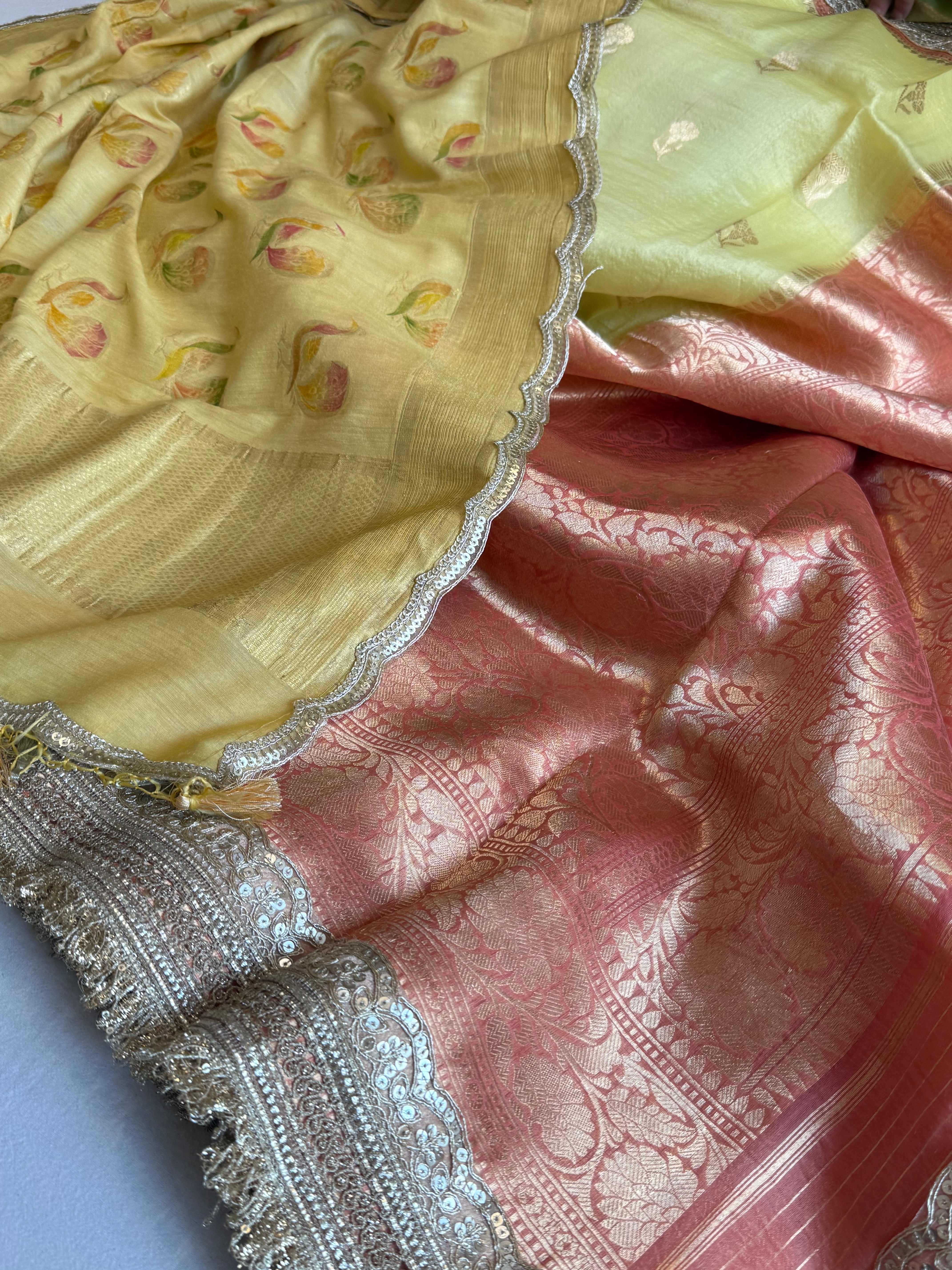 Kora silk chap dye contrast border kadhwa saree paired with moonga silk duppata sets