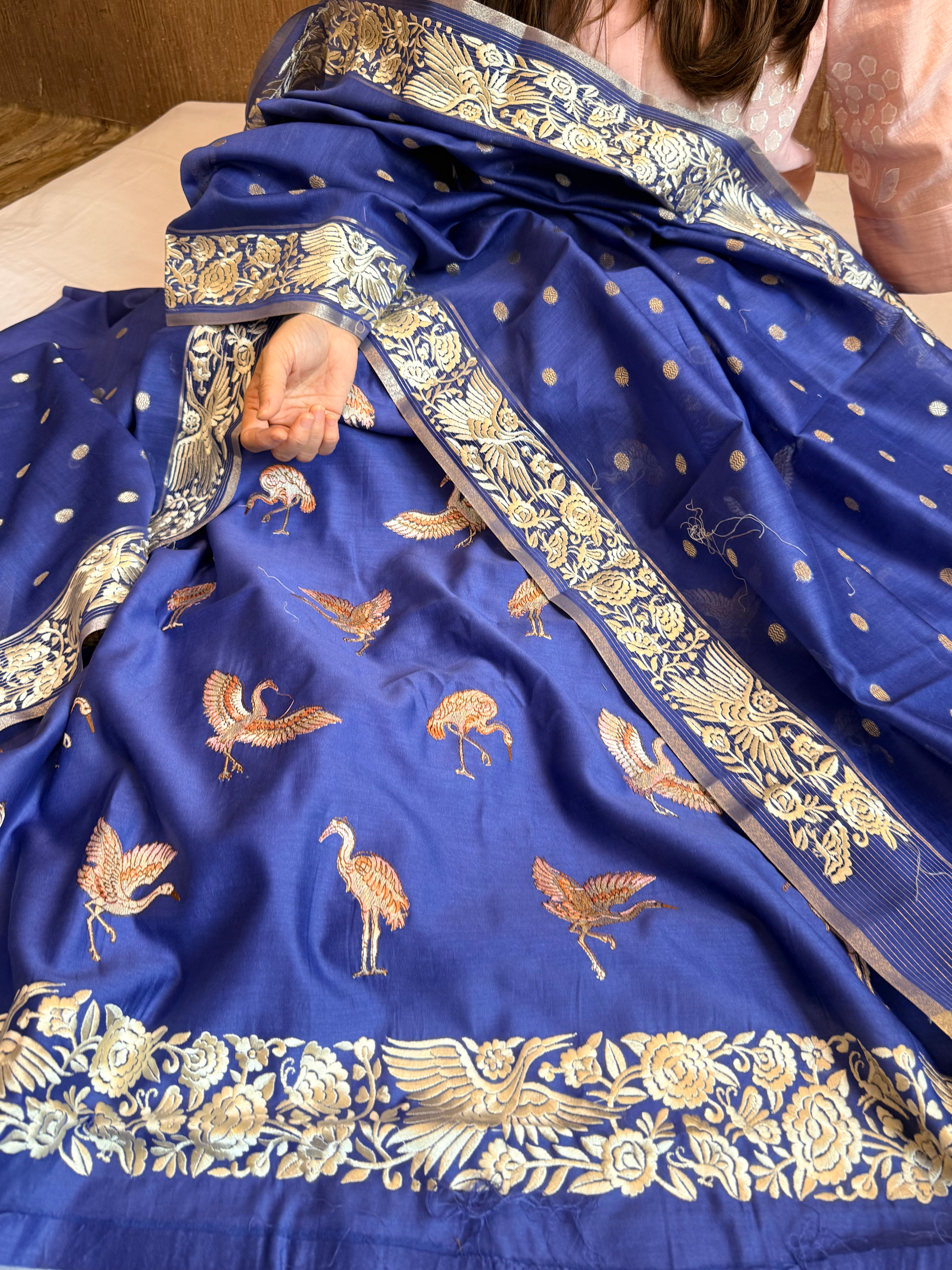 Mul chanderi cotton silk flamingo motif parsigara hand embroidery suit set