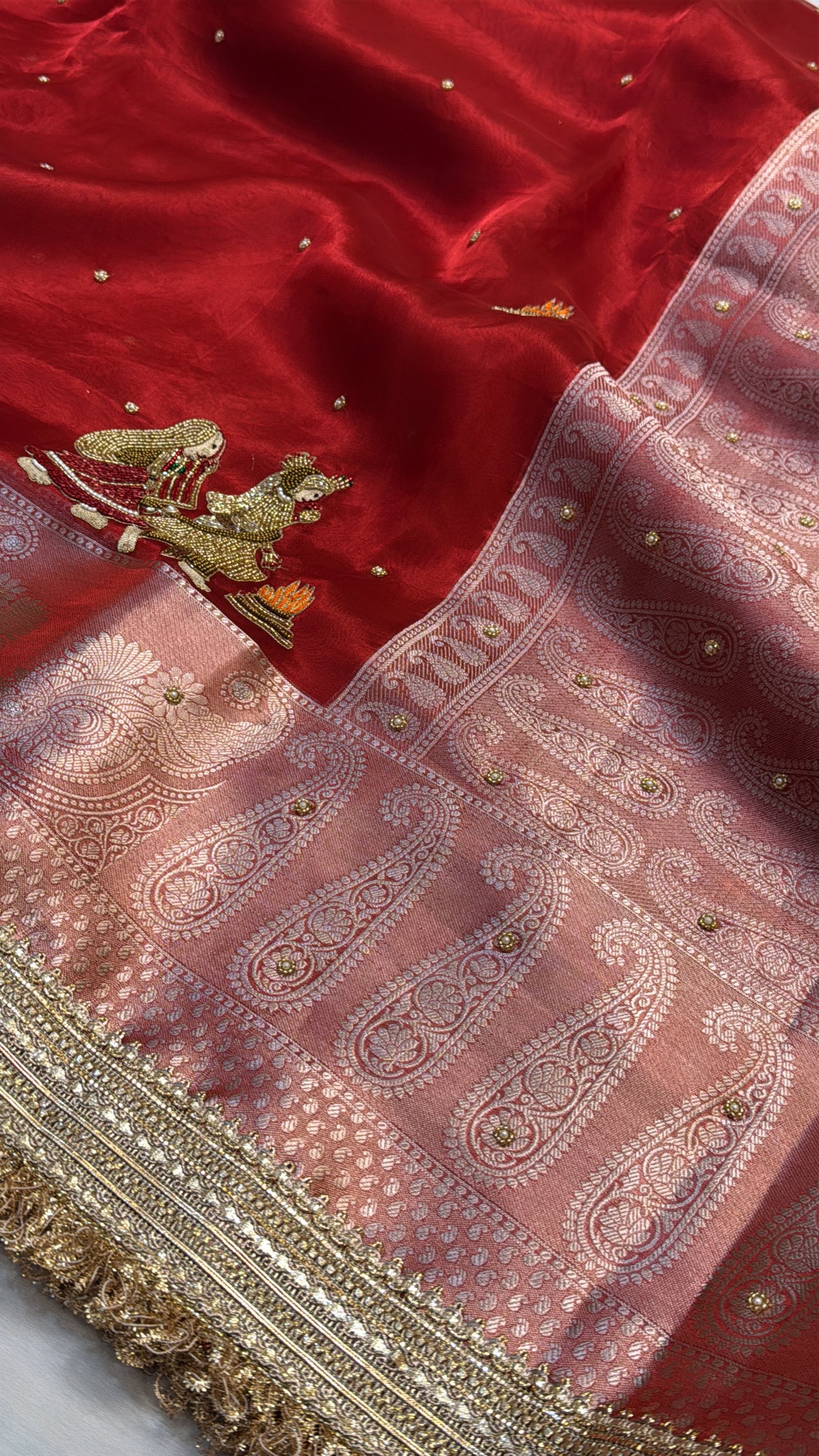 Dulhan ka joda husn red tissue silk hand embroidered saree