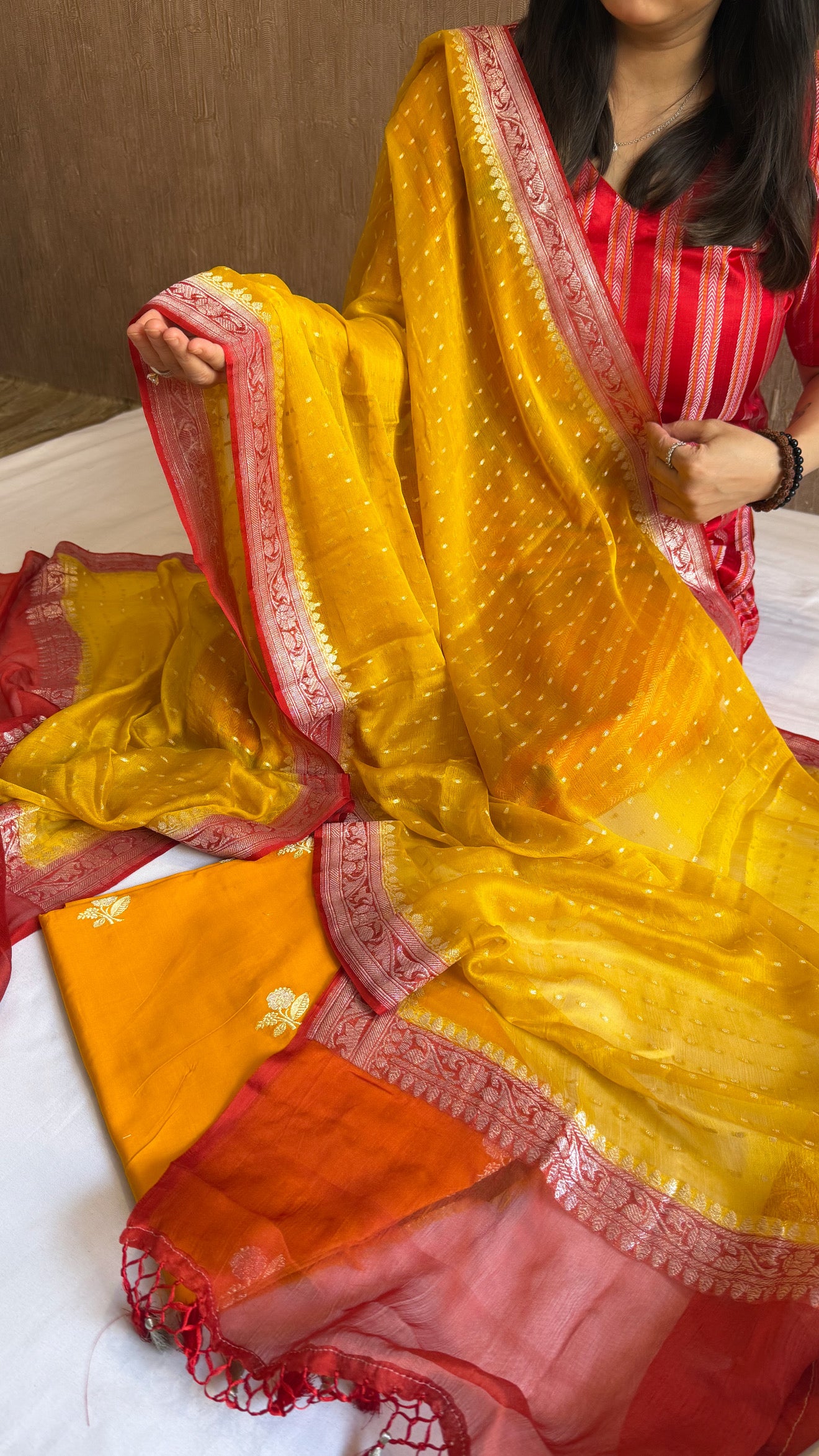 Haldi yellow-red katan kadhwa silk kurta paired with chiffon gorgette chap dye duppata set