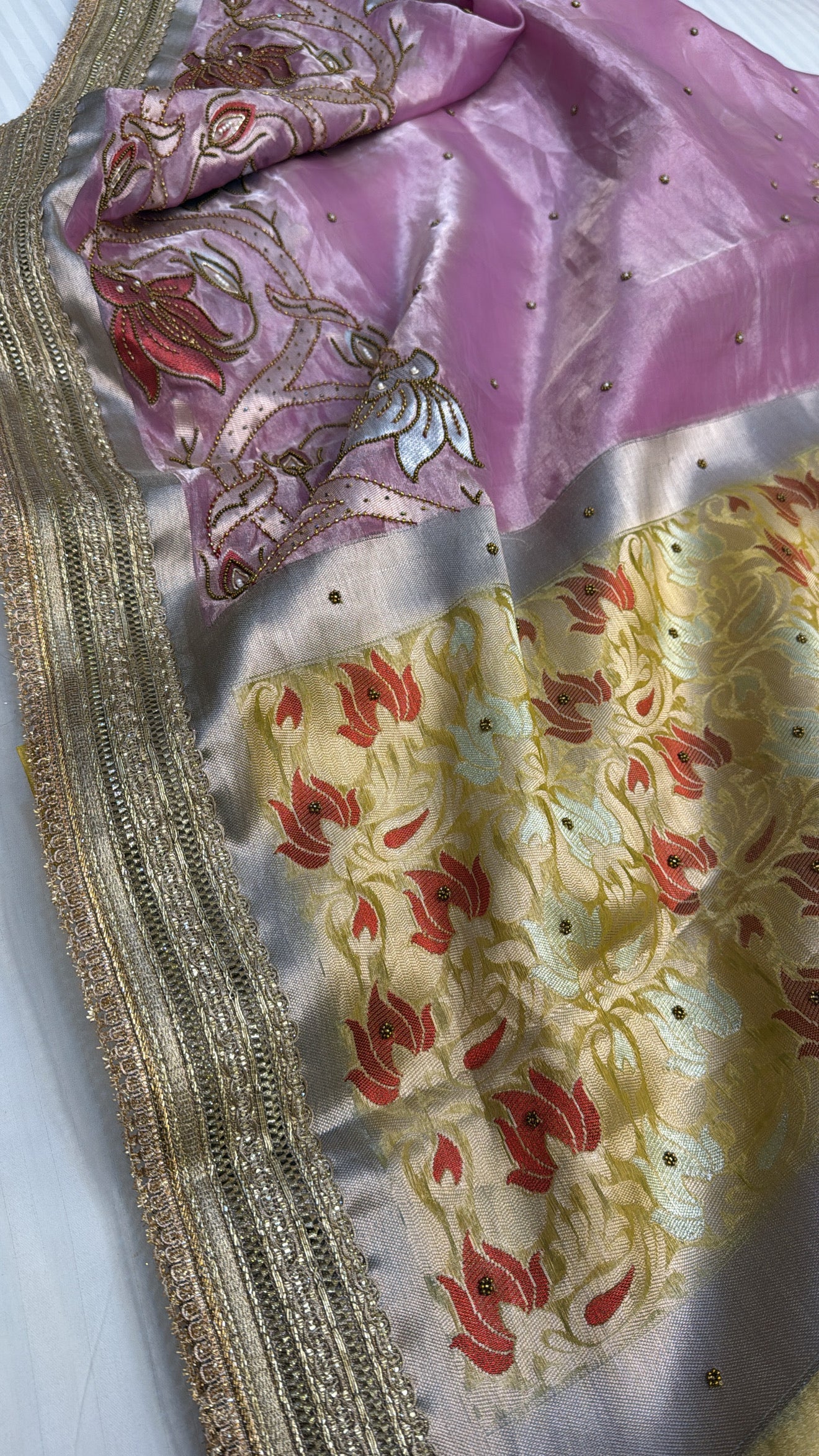 Wedding edit - Husn blush pink - gold combination tissue silk meenakari hand embroidered saree