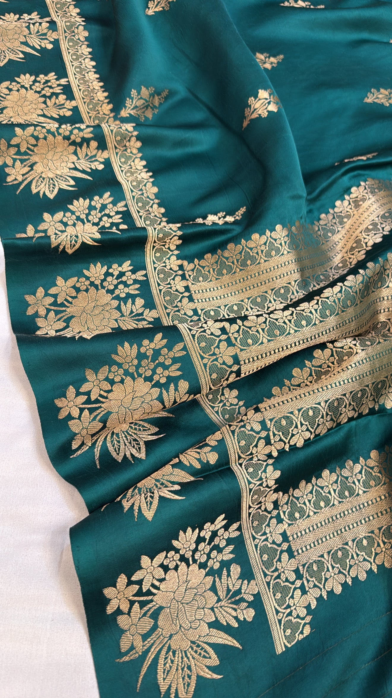 Mashru satin silk teal green banarasi border saree