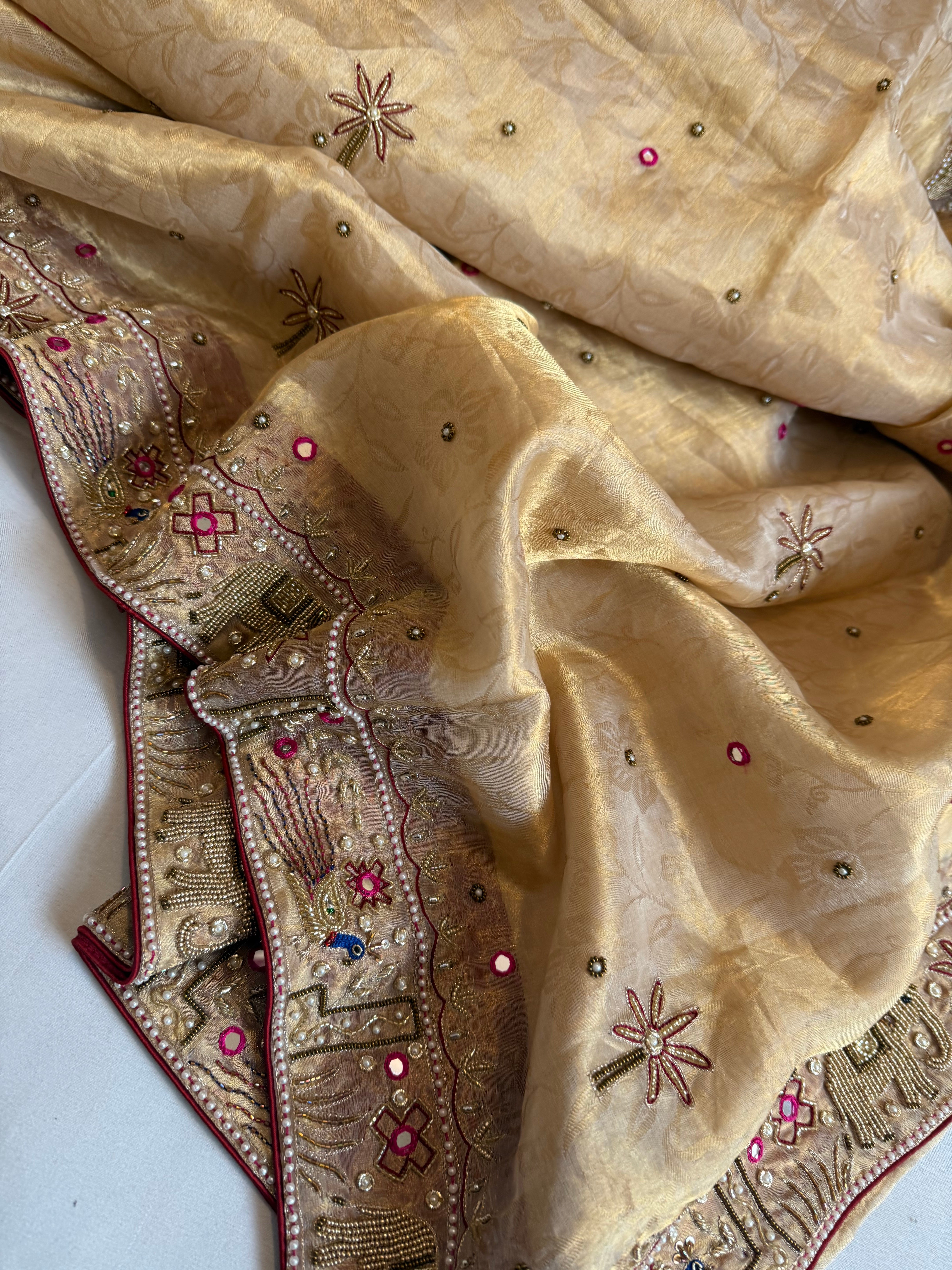 Sheeshmahal shikargah edit - Golden tissue silk hand embroidered elephant motif border kadhwa saree