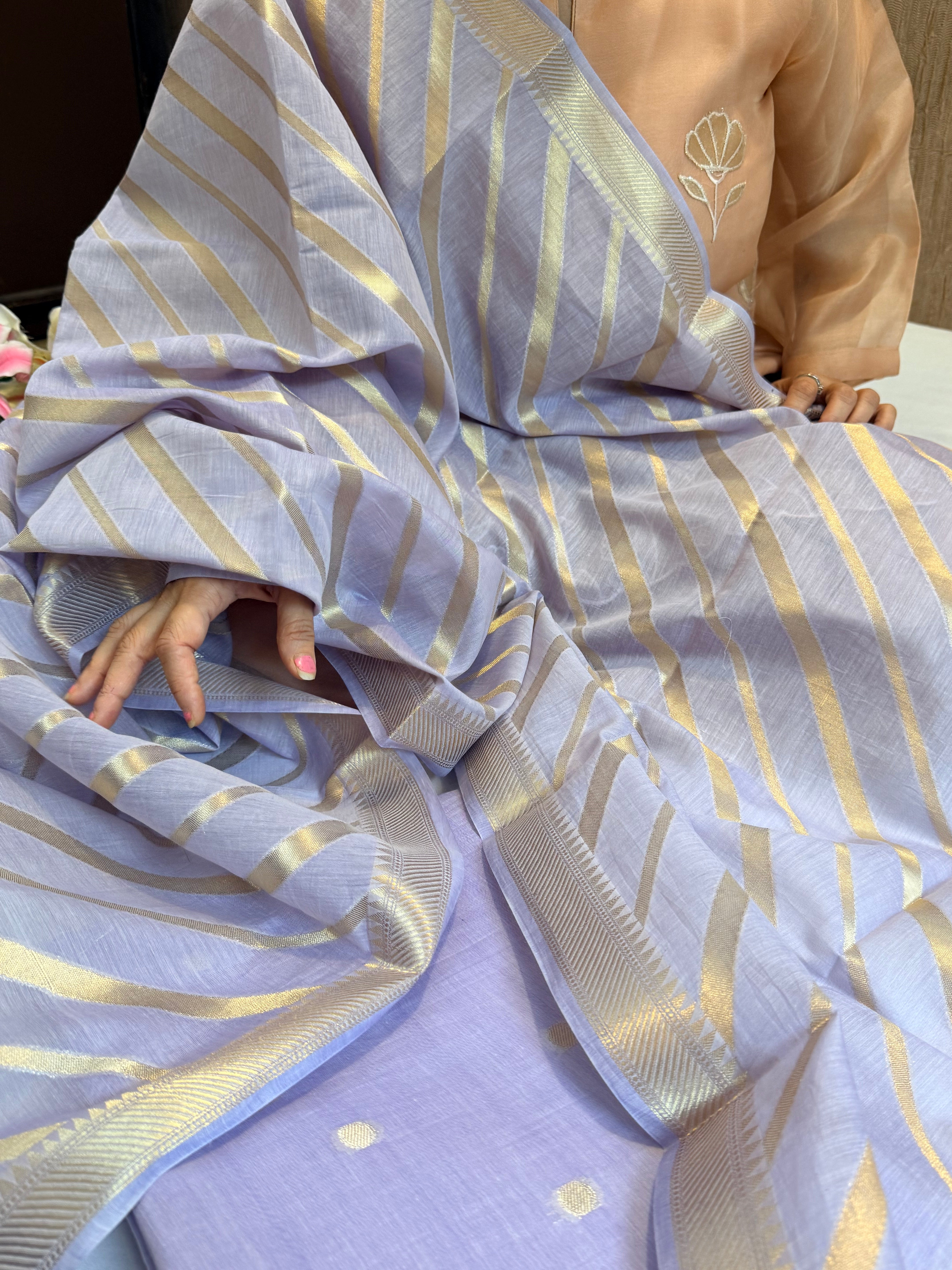 BELOW 8K - Lilac zari cotton striped kadhwa buti banarasi suit set