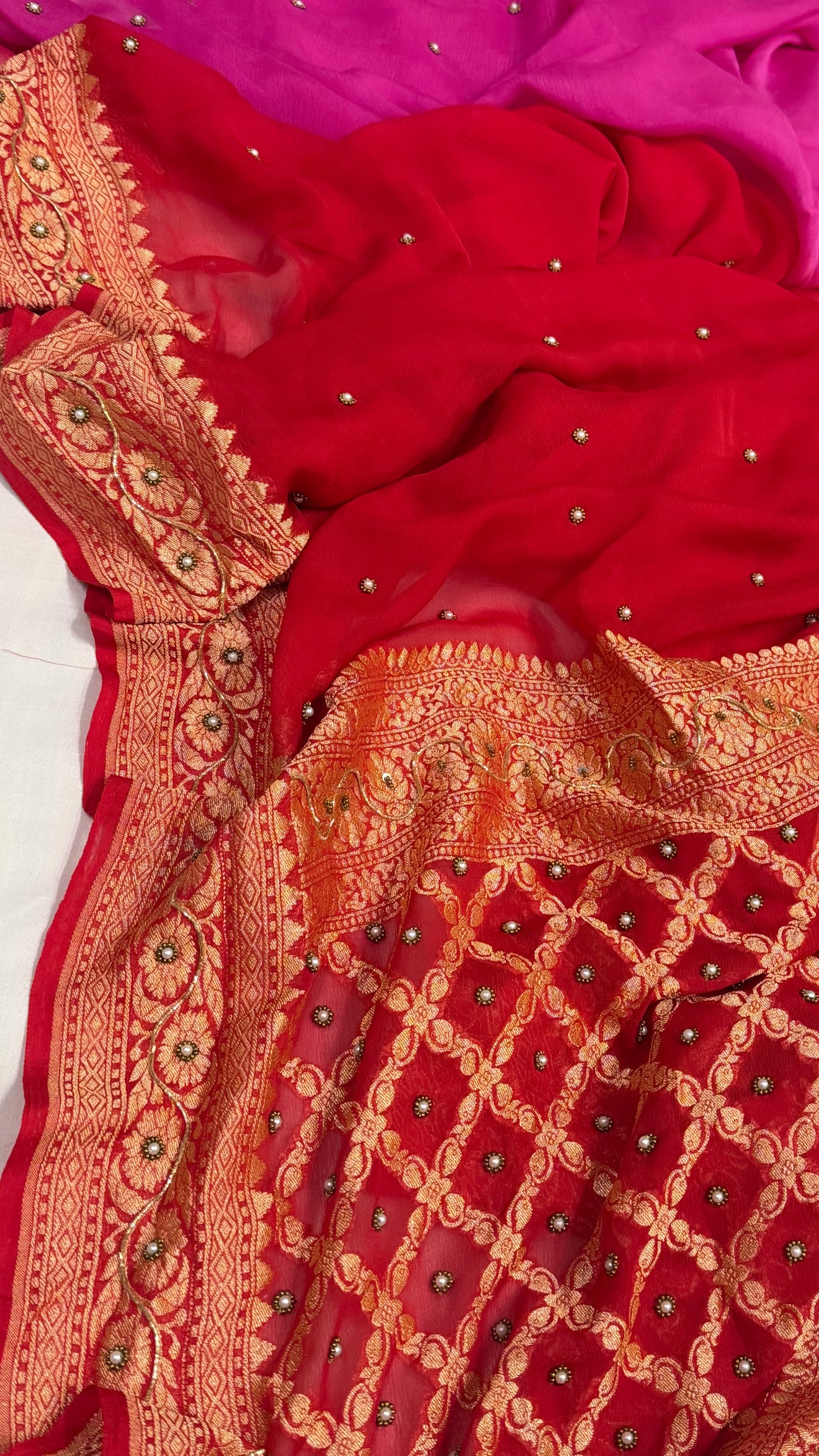 Red-rani hand embroidered ombre shaded chiffon gorgette kadhwa saree