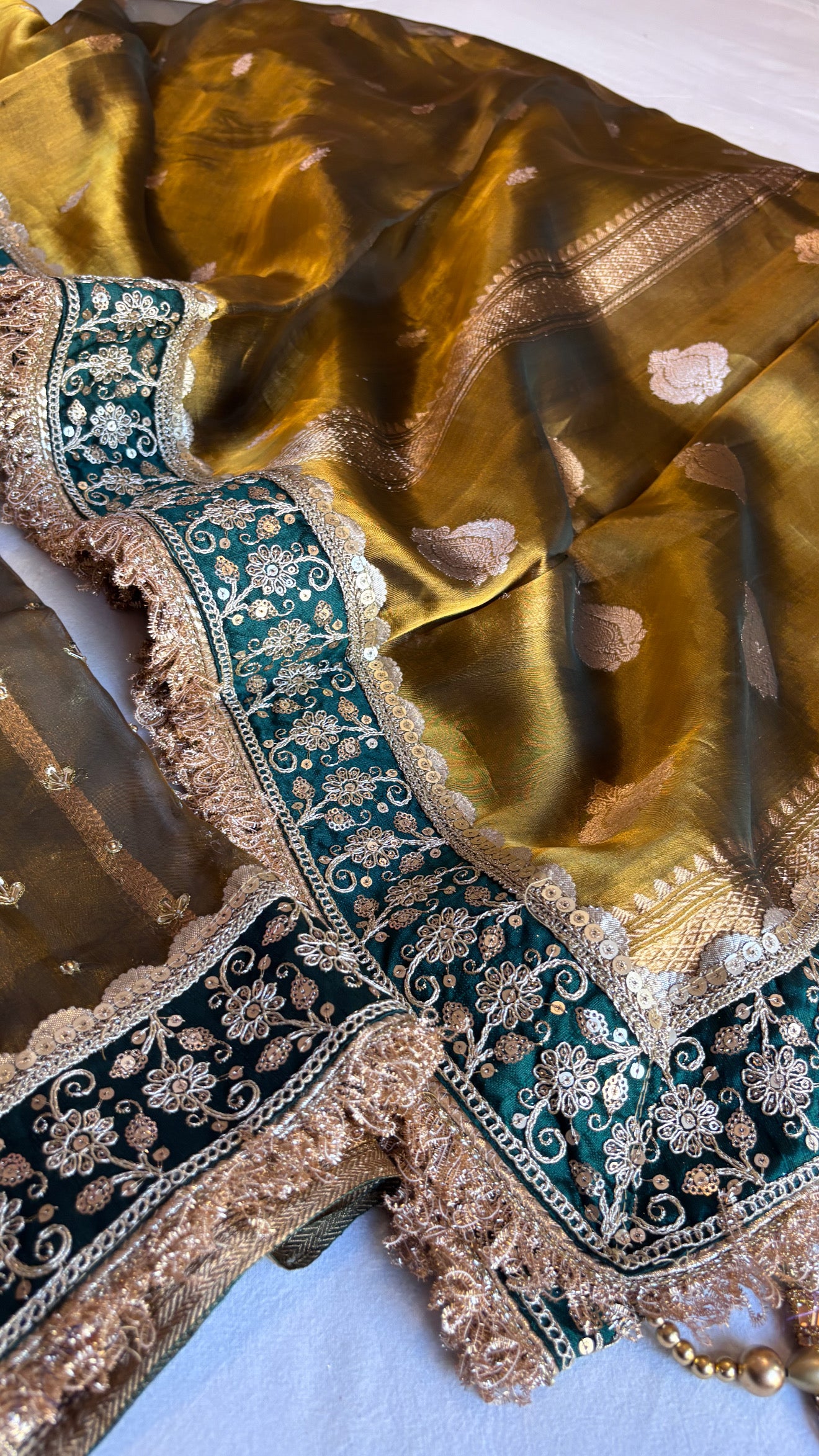 Mehfil kanjivaram green tissue silk heavy hand embroidered saree