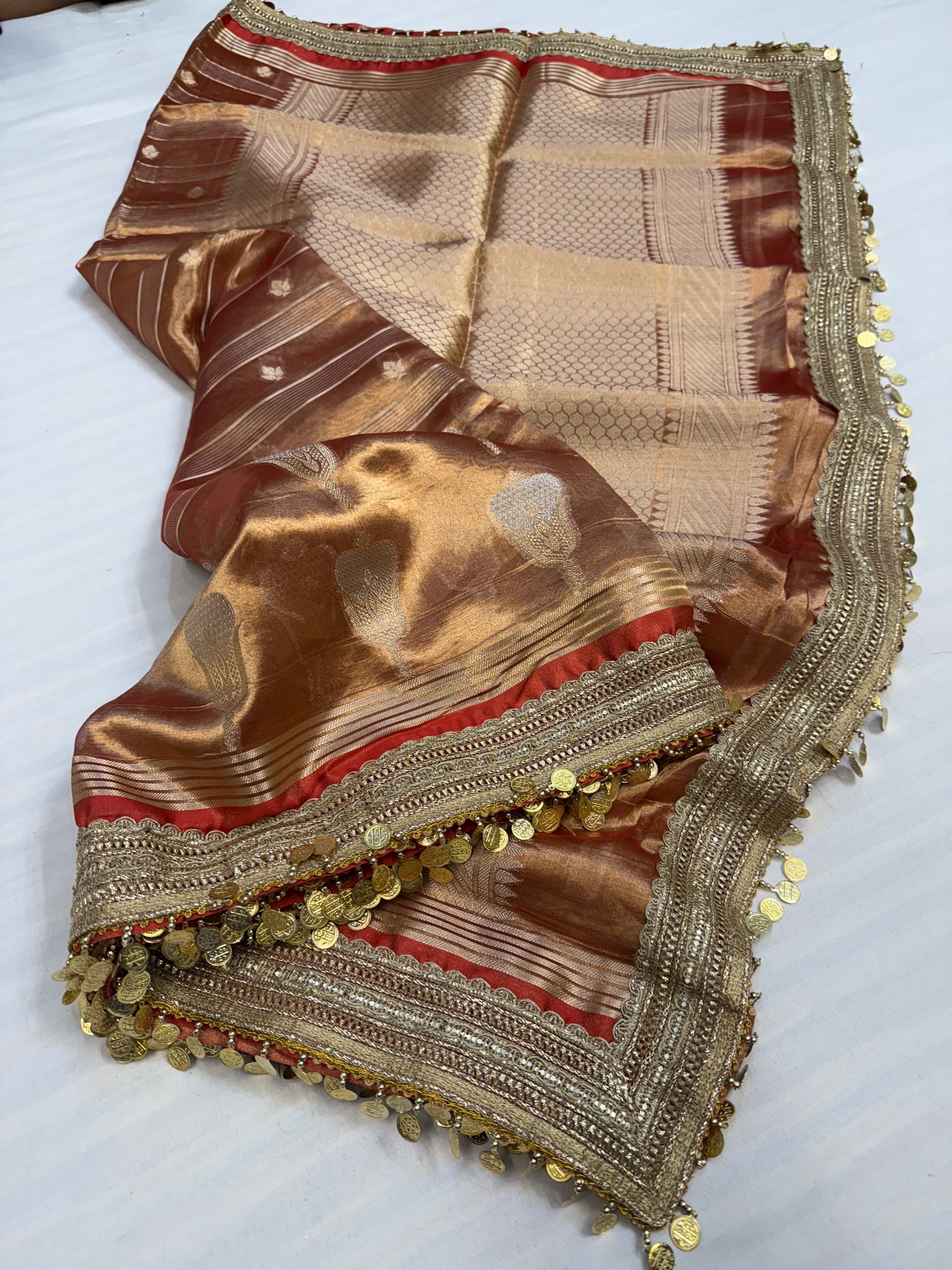 Rustic red maharani tissue silk kadhwa buti saree