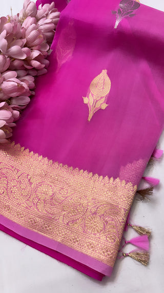 Pure banarasi hot pink ombre shaded kora silk kadhwa saree with sona rupa buti