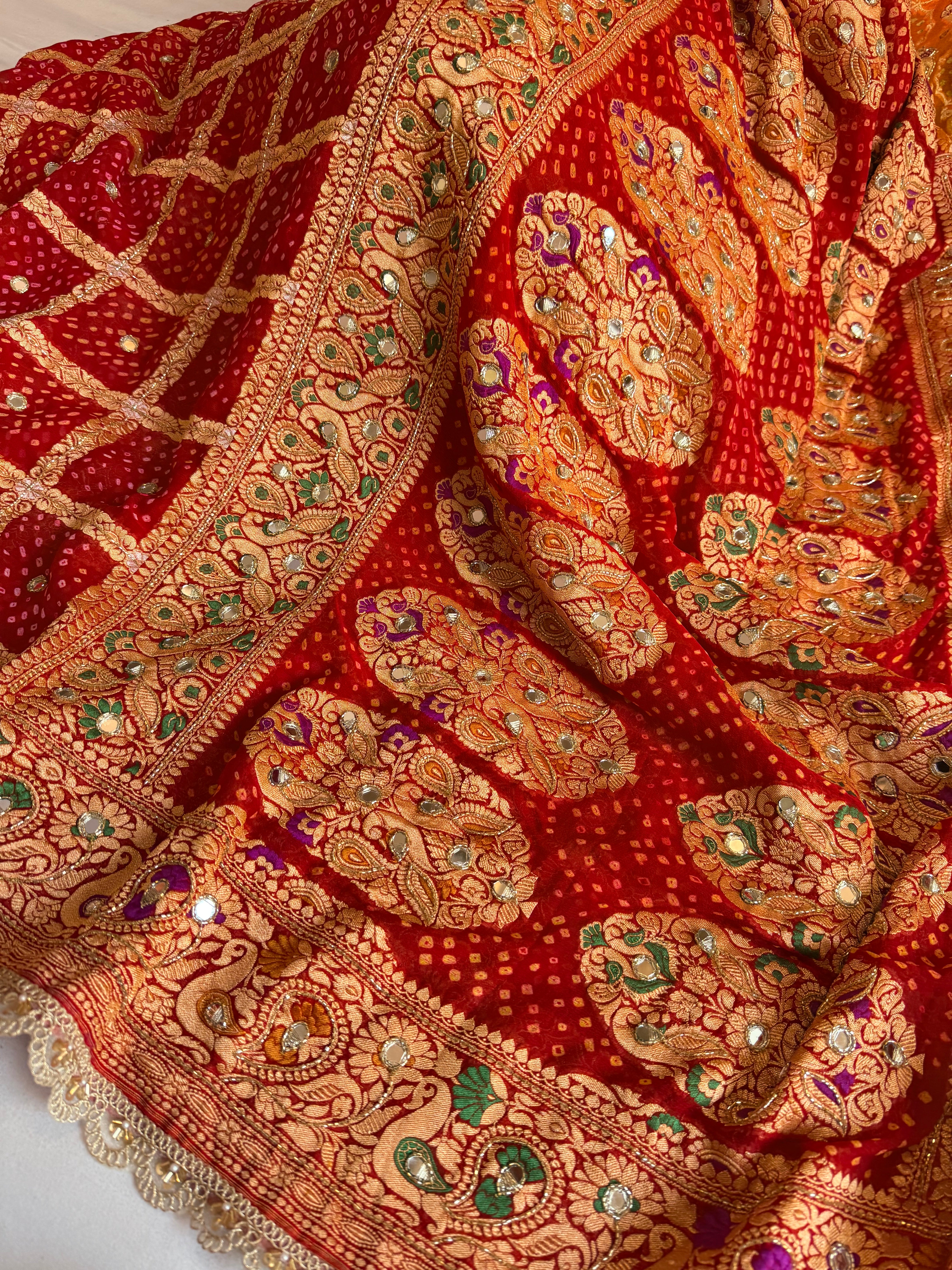 Bandhej saree ka sandook -  blood red shaded chiffon gorgette banarasi bandhej saree