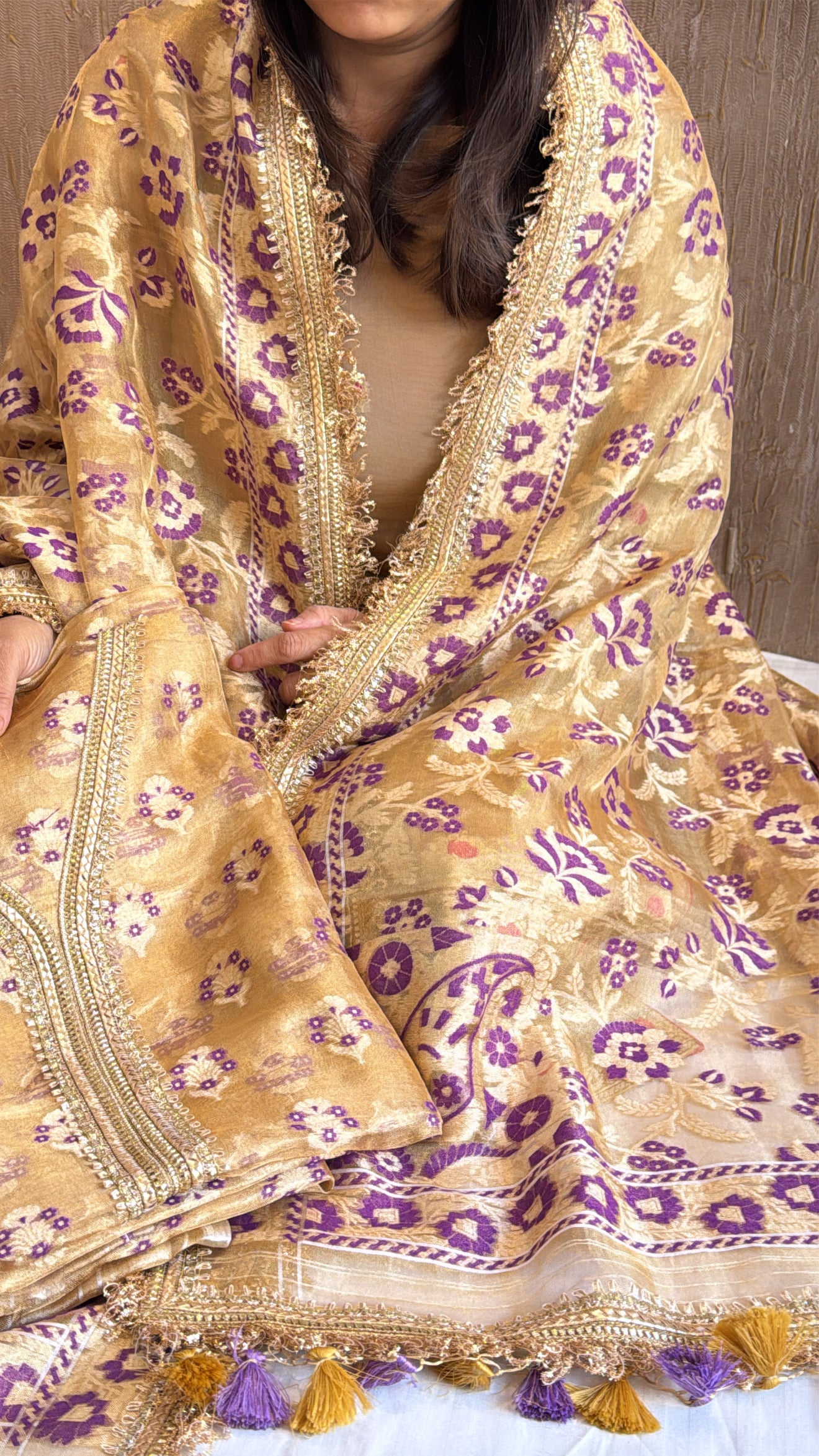 Vivah edit - Golden tissue silk jamdani weaving meenakari hand embroidered suit set