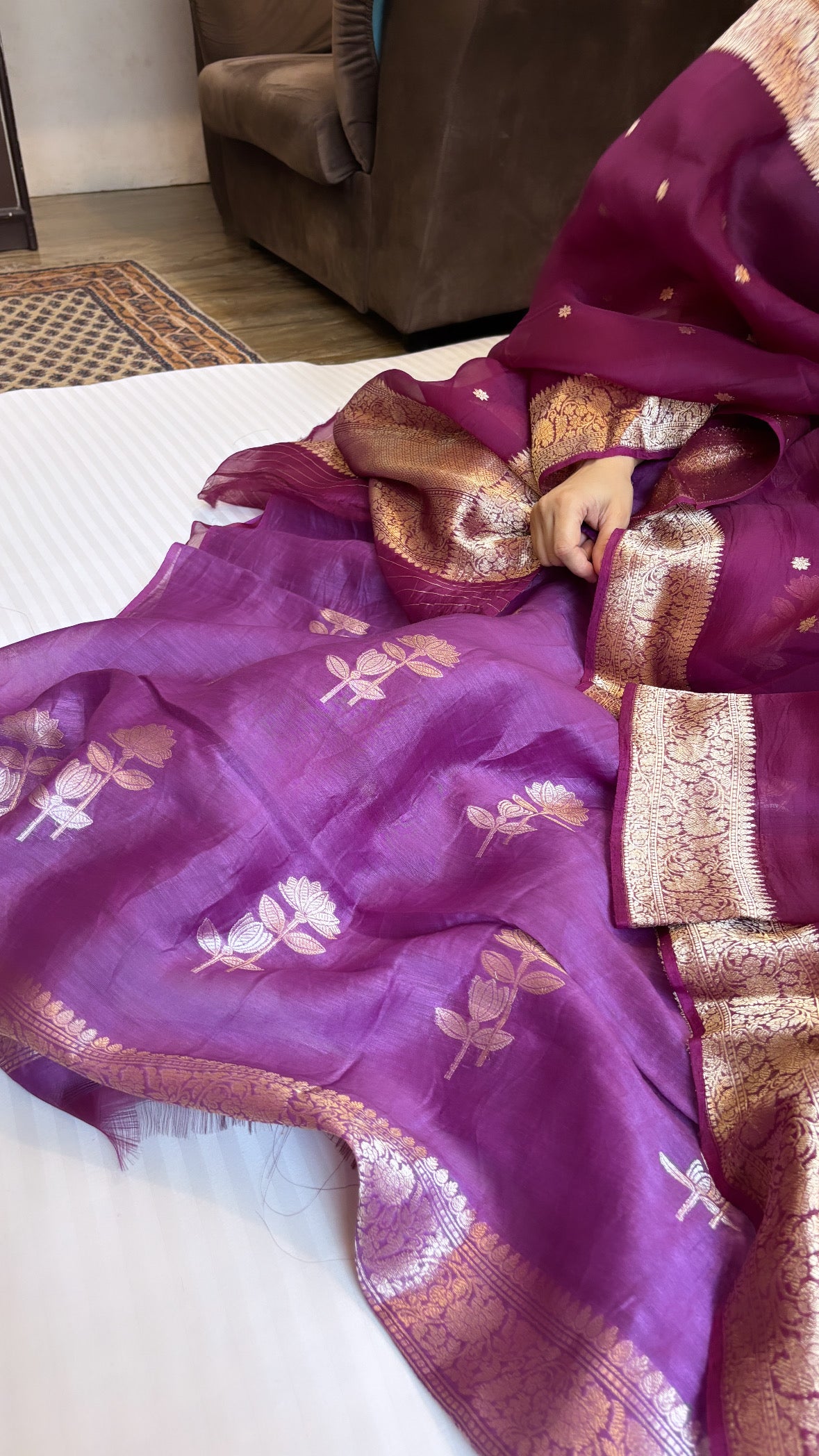 Purple linen gorgette kadhwa buti suit set with kora silk kadhwa duppata