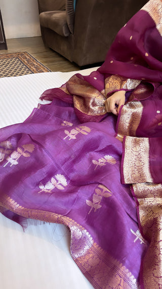 Purple linen gorgette kadhwa buti suit set with kora silk kadhwa duppata