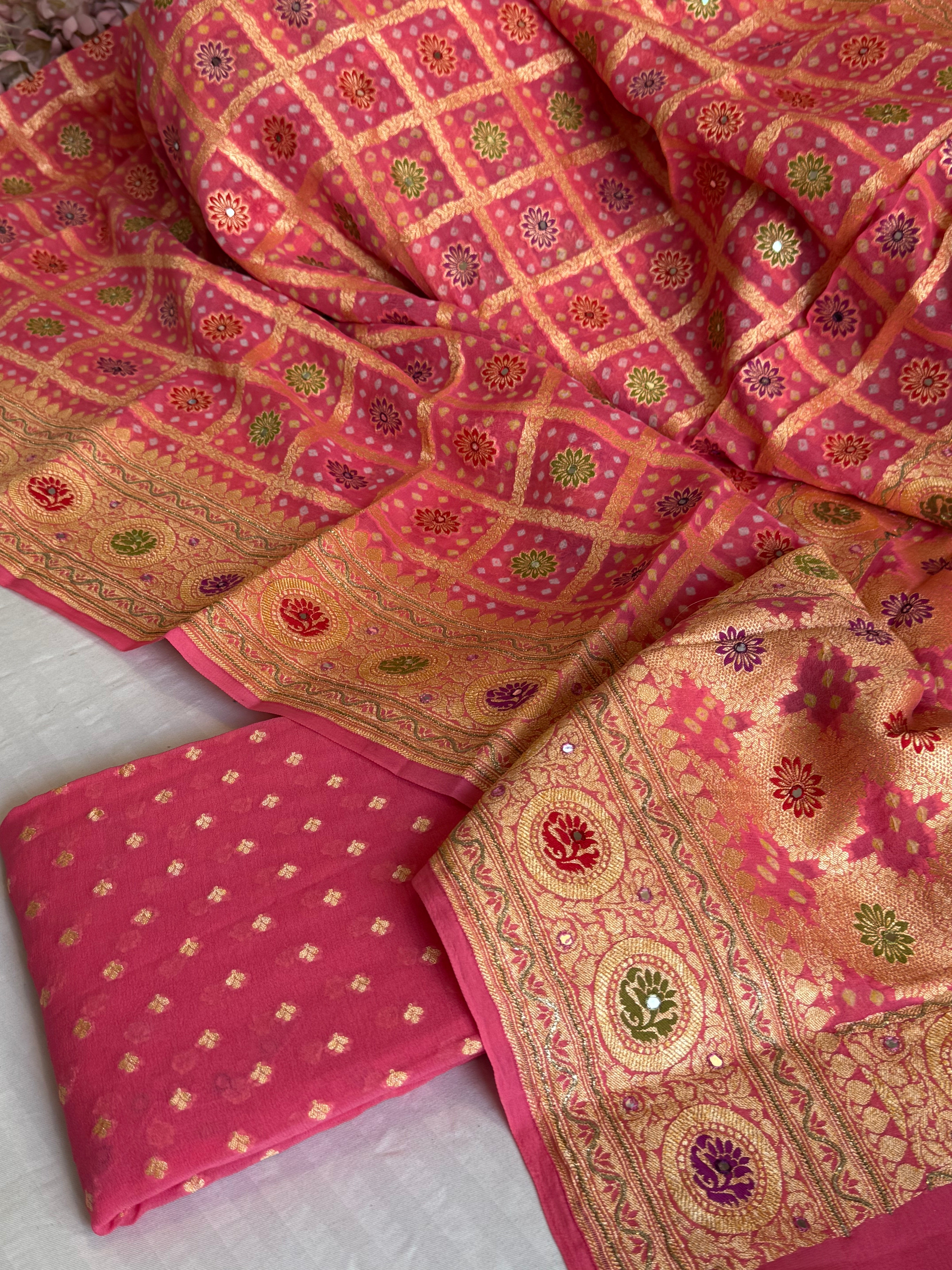 Mirror and dori work rose neon pink banarasi bandhej gorgette kadhwa suit sets