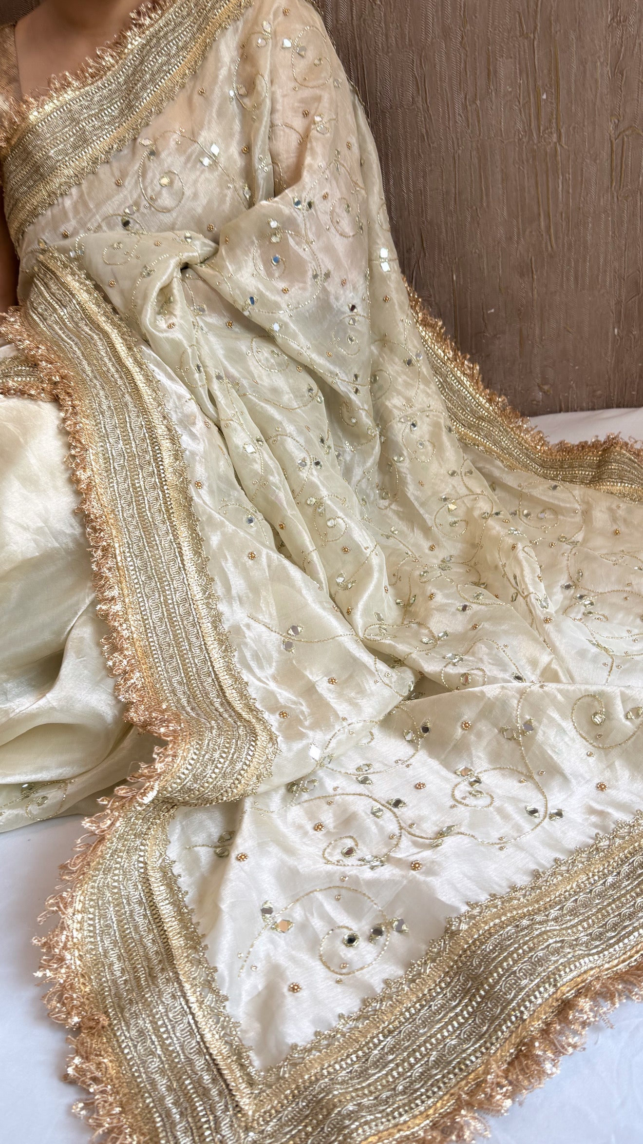 Sheesham edit - Ivory diamond tissue silk mirror work heavy hand embroidered saree