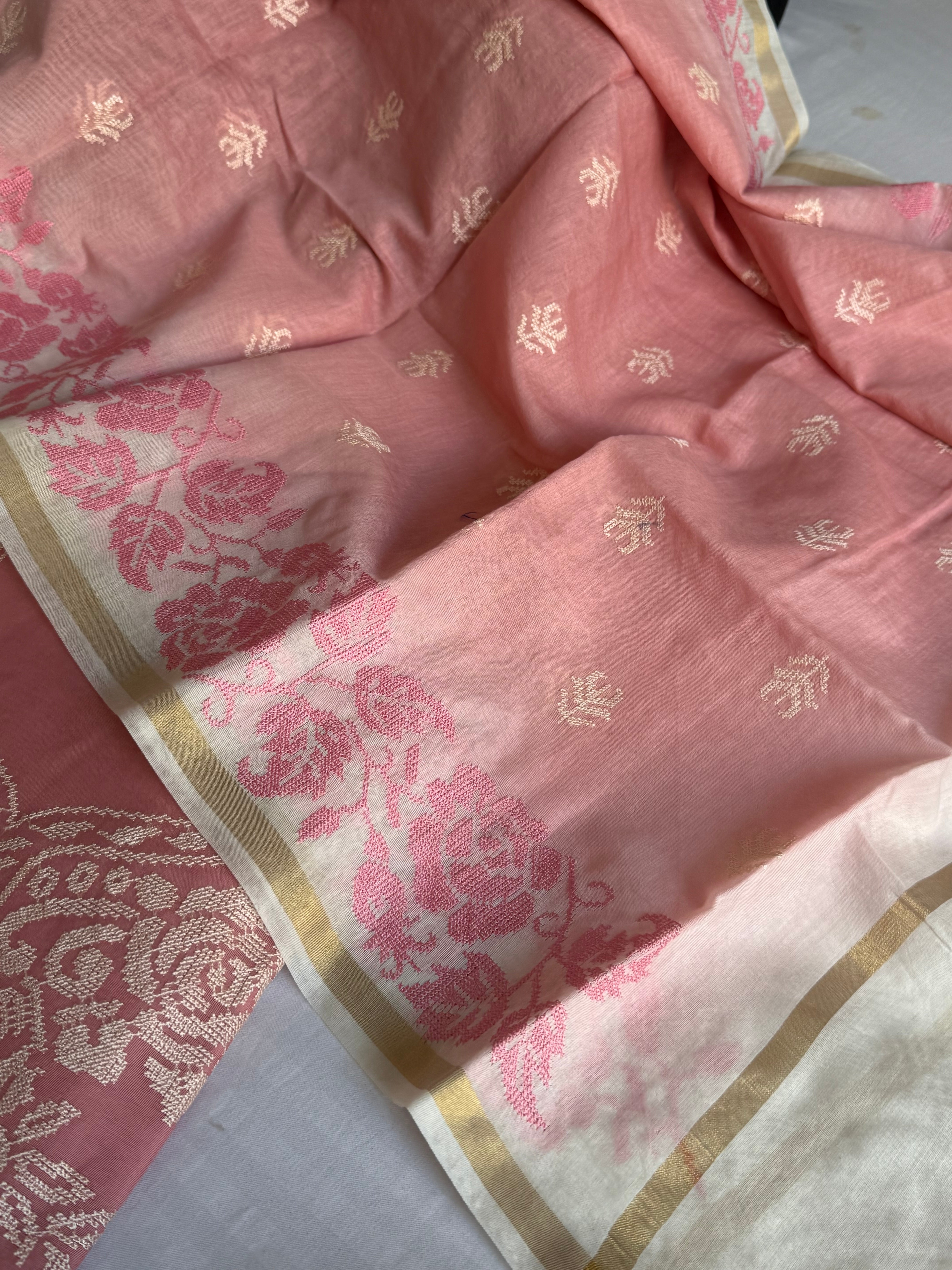 Rose peach mul cotton cross-stitch hand embroidered kadhwa suit set