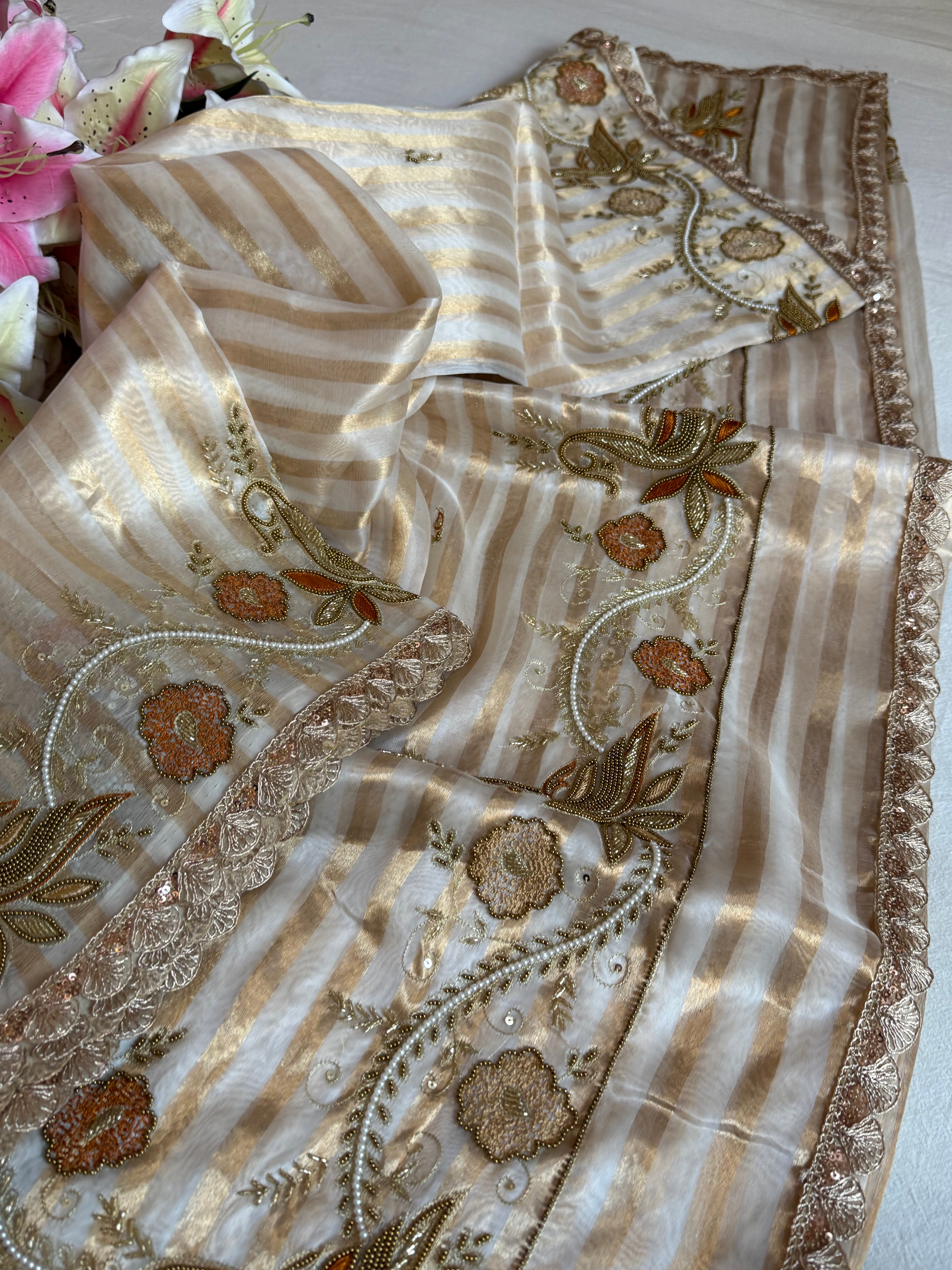 90s bollywood inspired diamond tissue silk striped shikargah border meenakari kadhwa saree