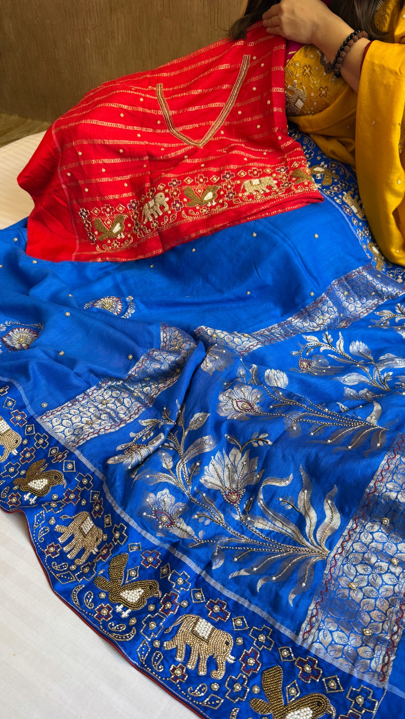 Moonga silk inspired ikkat patola inspired hand embroidered kadhwa saree