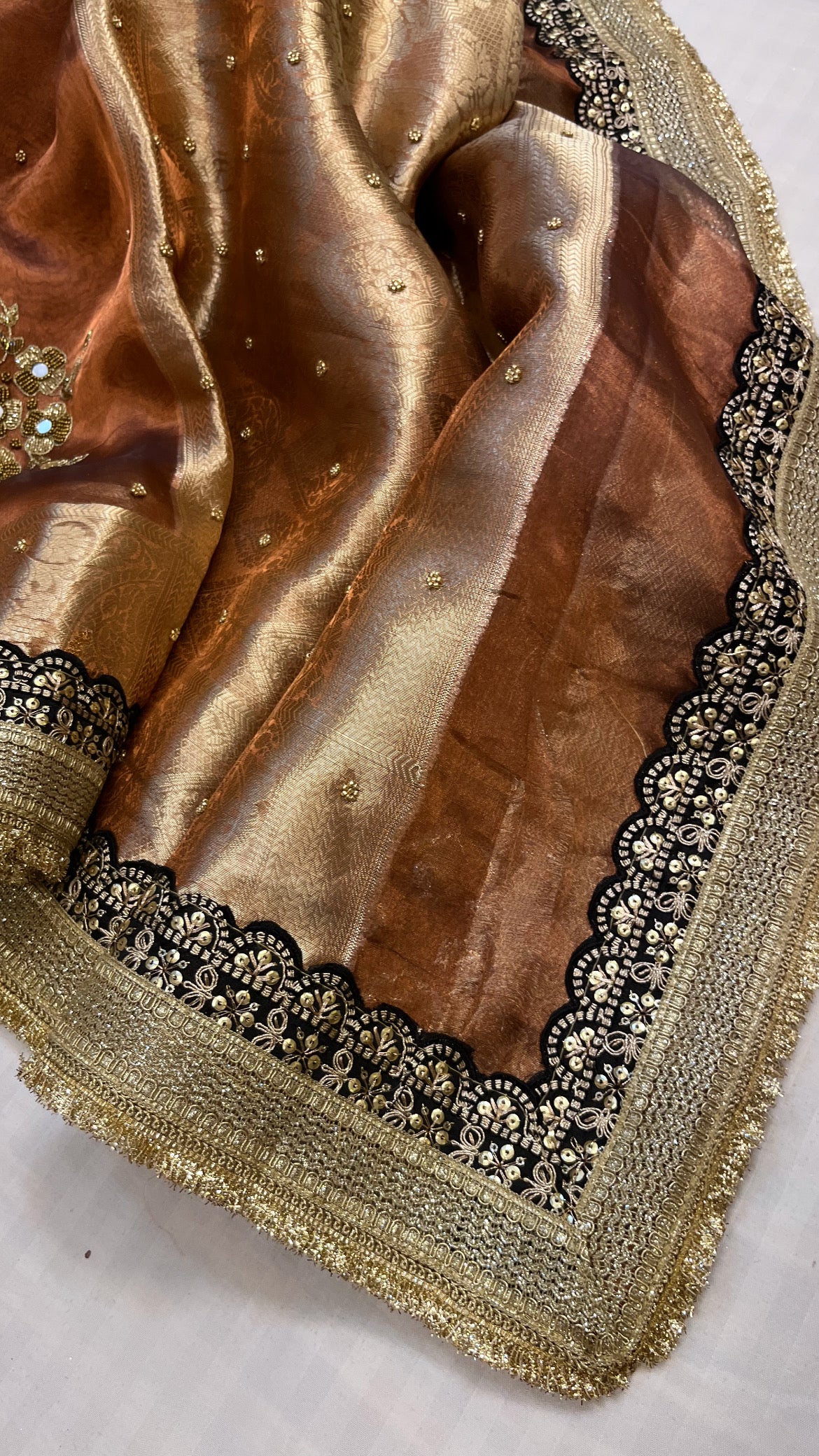 Husn chocolate brown tissue silk hand embroidered saree