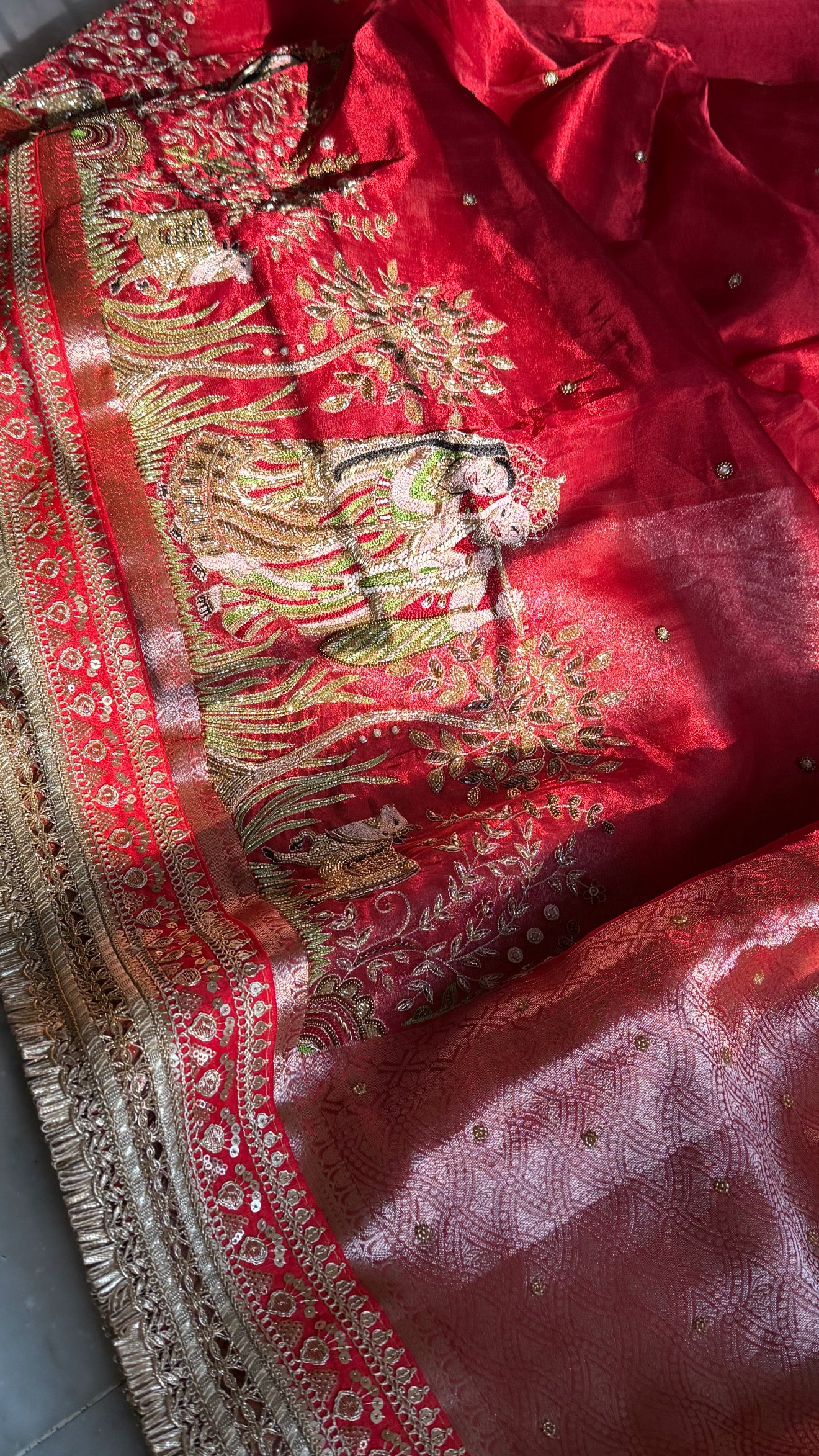 Teej special - Blood metallic red radha krishna hand embroidered kadhwa saree