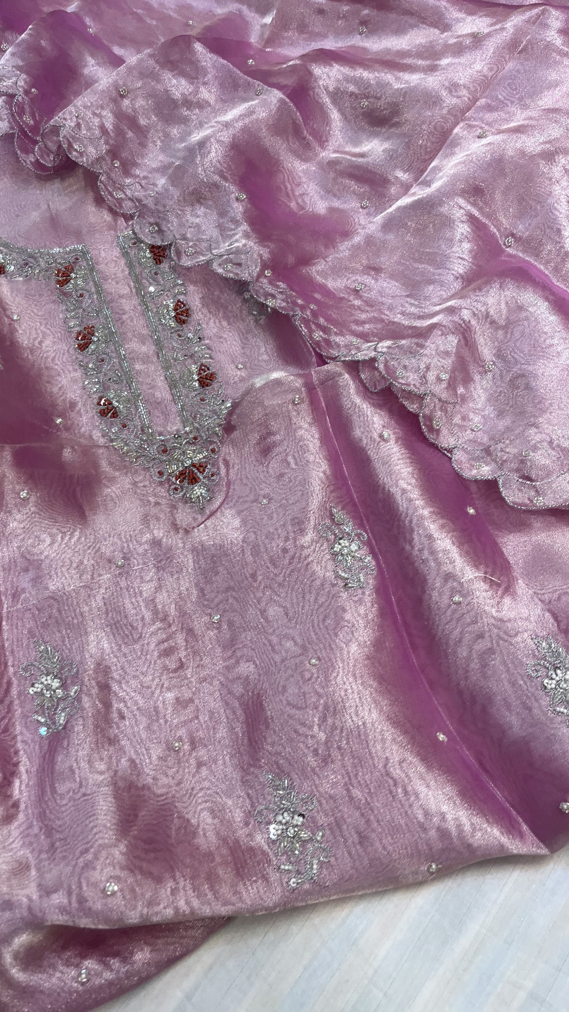 Powder pink diamond tissue sikk hand embroidered suit set