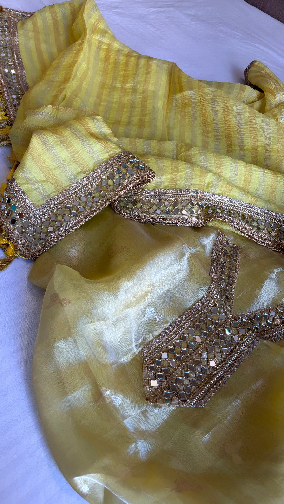 Lime green husn tissue silk mirror work suit set