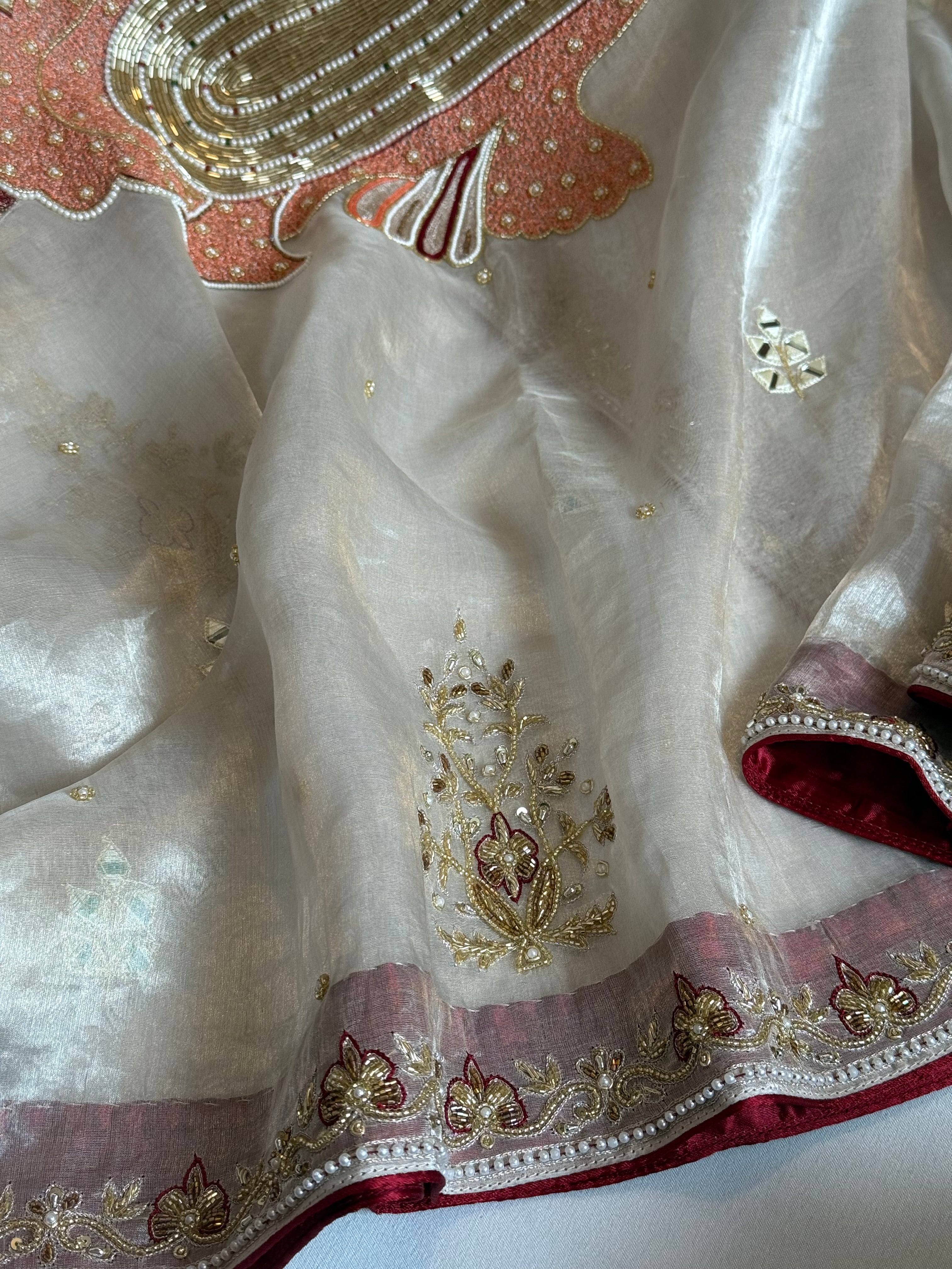 Radhika merchant inspired shreenathji motif diamond tissue silk hand embroidered saree