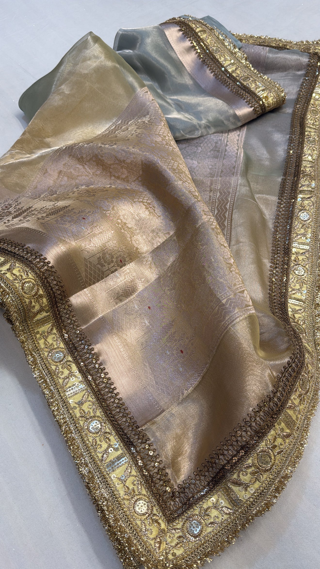 Golden Maharani tissue silk shaded multicoloured kadhwa saree