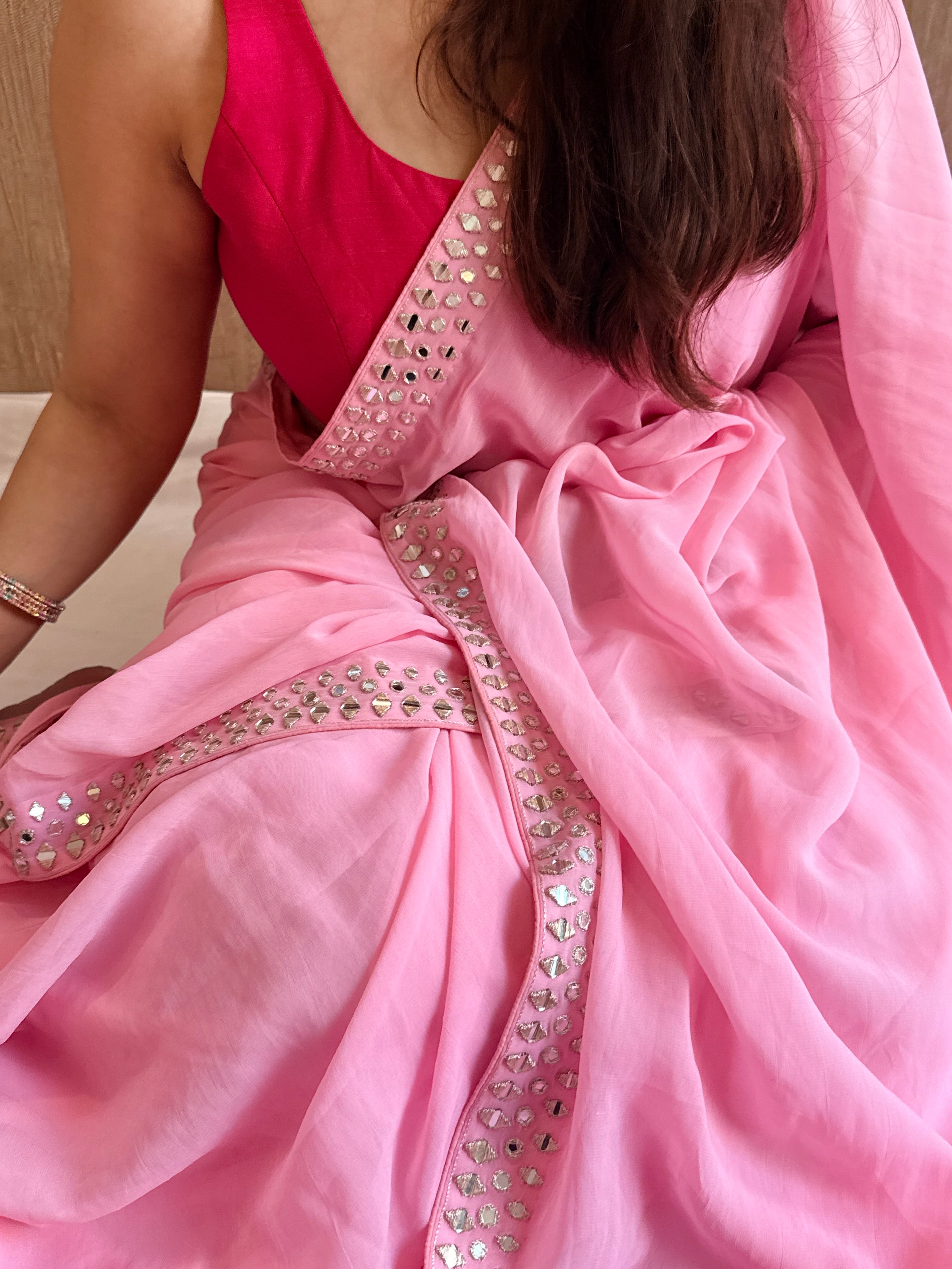 Mother’s Day offer - Candy pink chiffon gorgette mirrorwork hand embroidered sarees