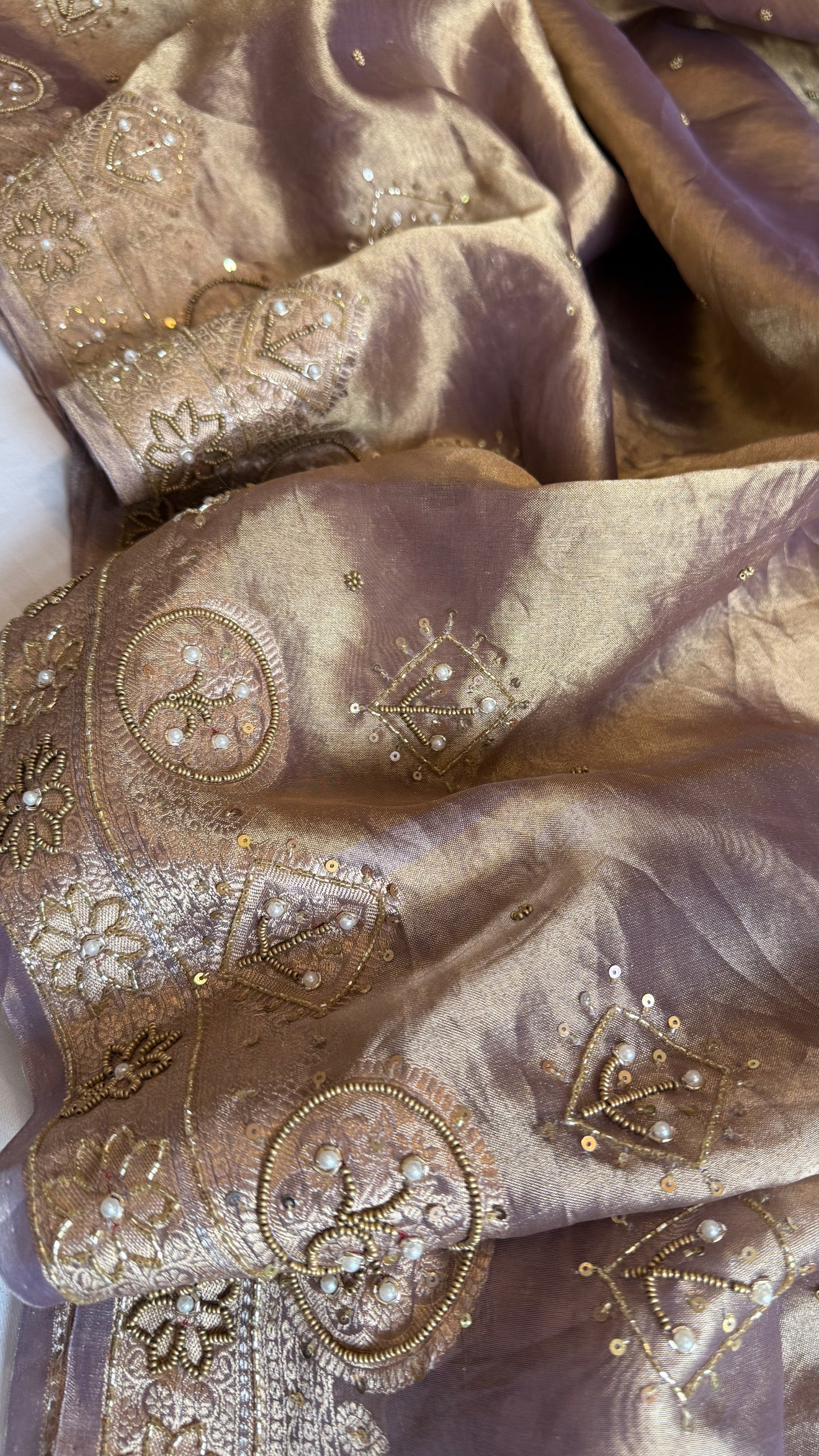 Husn dusty lilac tissue silk heavy hand embroidered saree