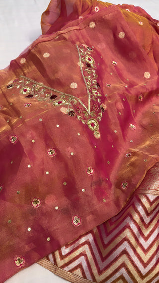 “Kali wala lahenga” — Rani pink semi stitched banarasi tissue silk lehenga set