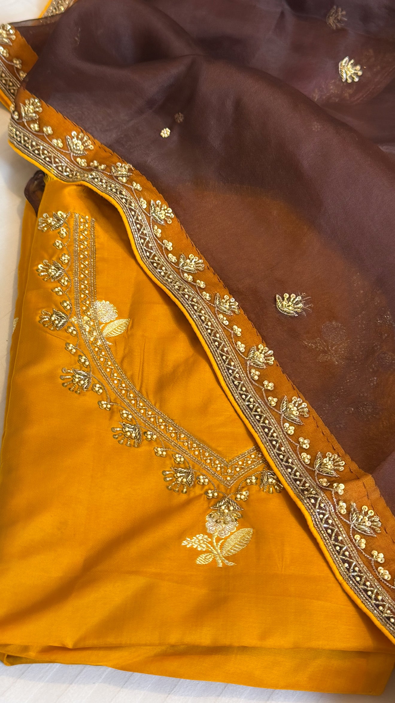 Olive mustard - brown shade katan silk hand embroidered kurta paired with kora silk zardozi duppata