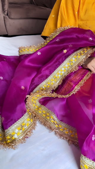 Haldi yellow-purple stitched hand embroidered kadhwa silk suit set from vyaah wala ghar edit