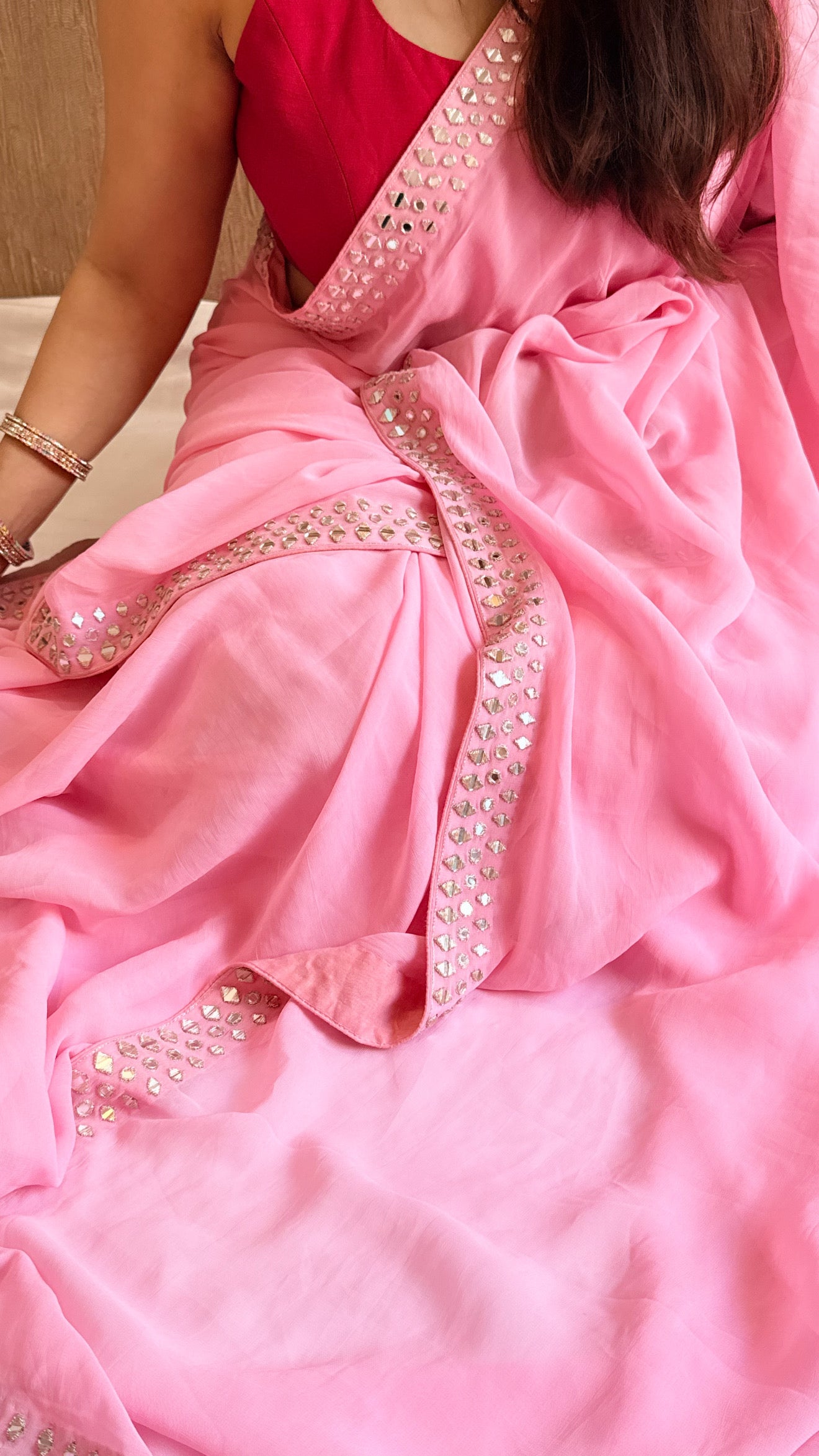 Mother’s Day offer - Candy pink chiffon gorgette mirrorwork hand embroidered sarees