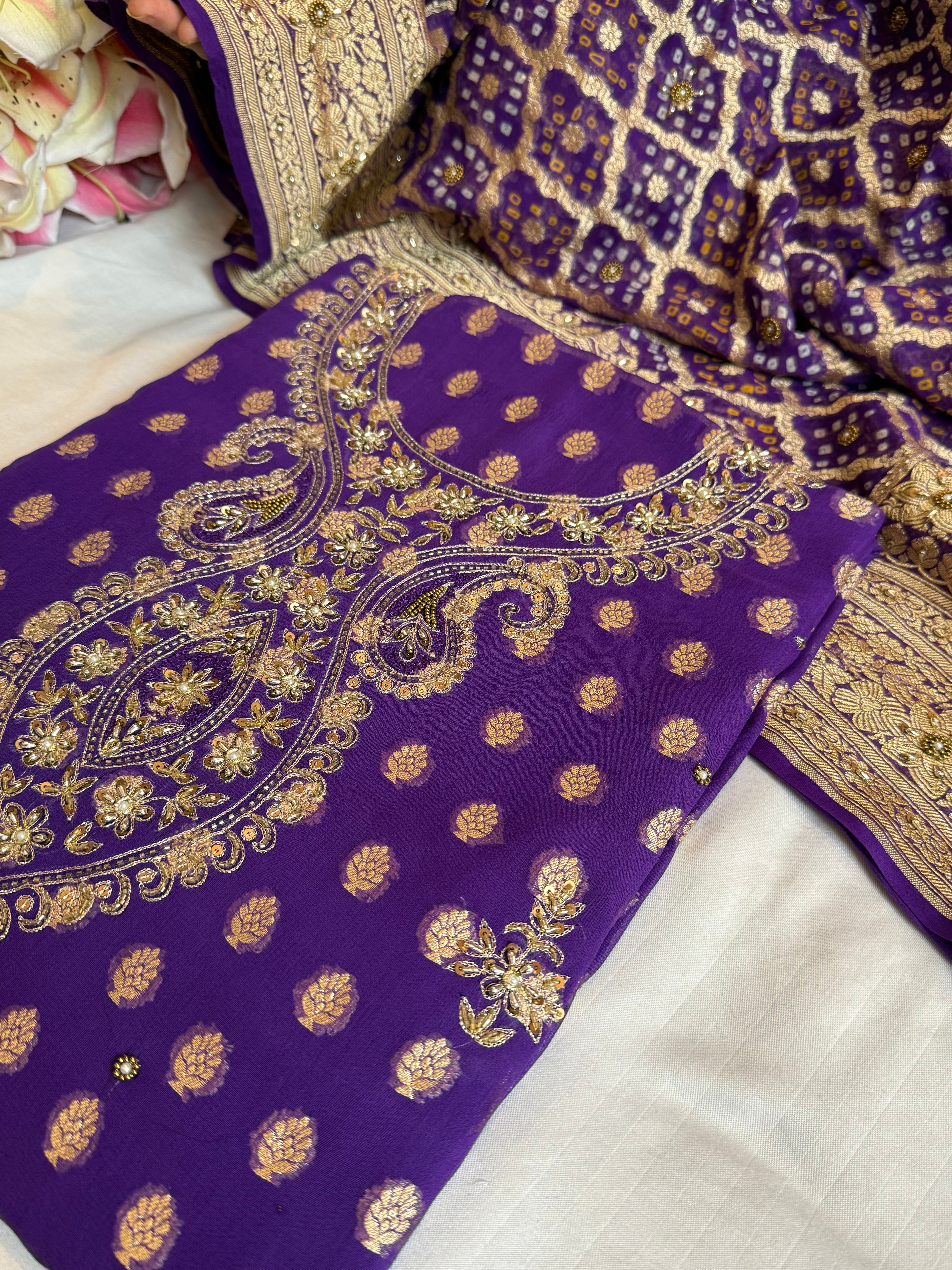 Deep purple rai bandhej Banarasi gorgette kadhwa hand embroidered suit set