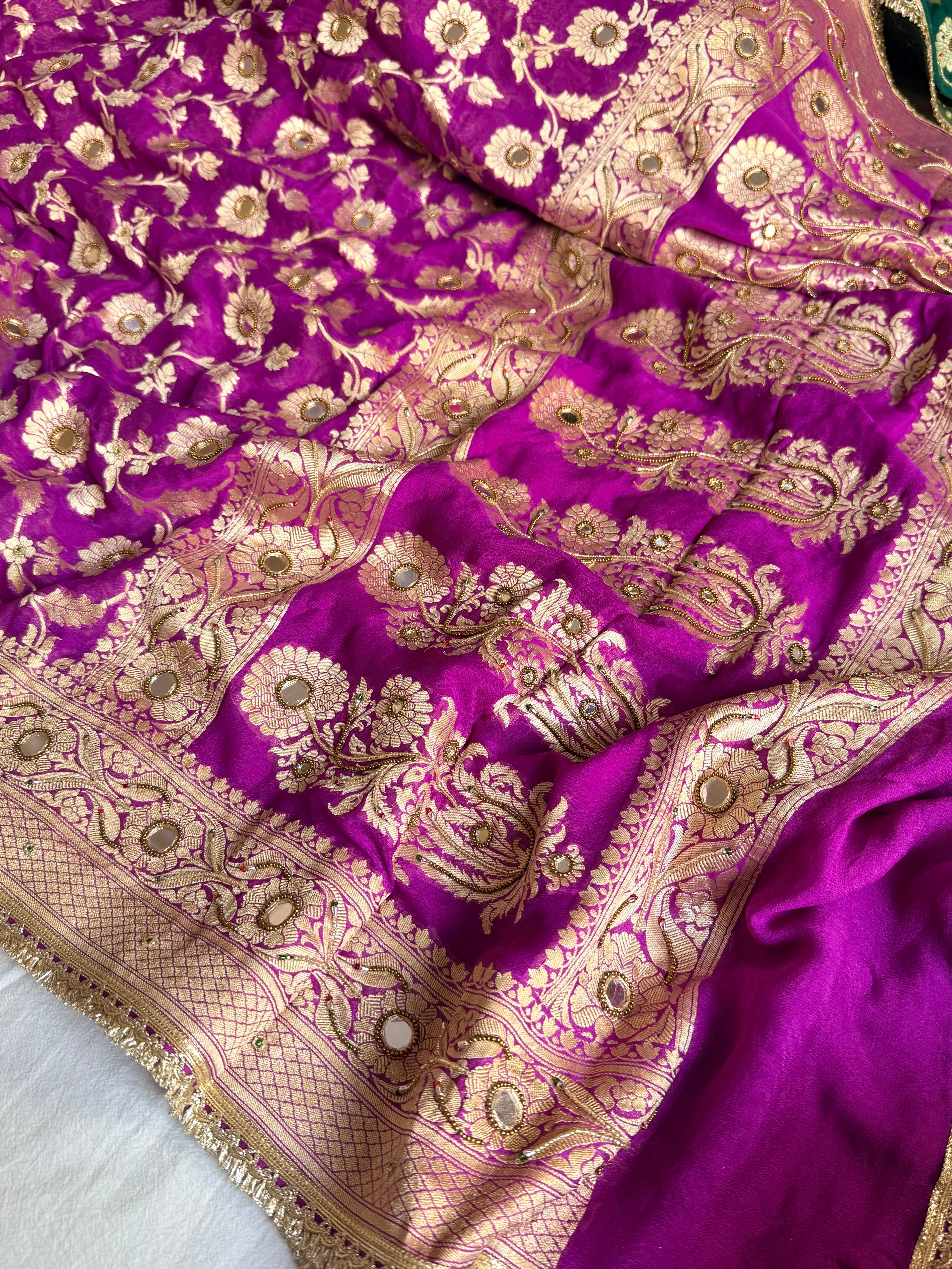 Banarasi chiffon gorgette kadhwa weaving hand embroidered saree