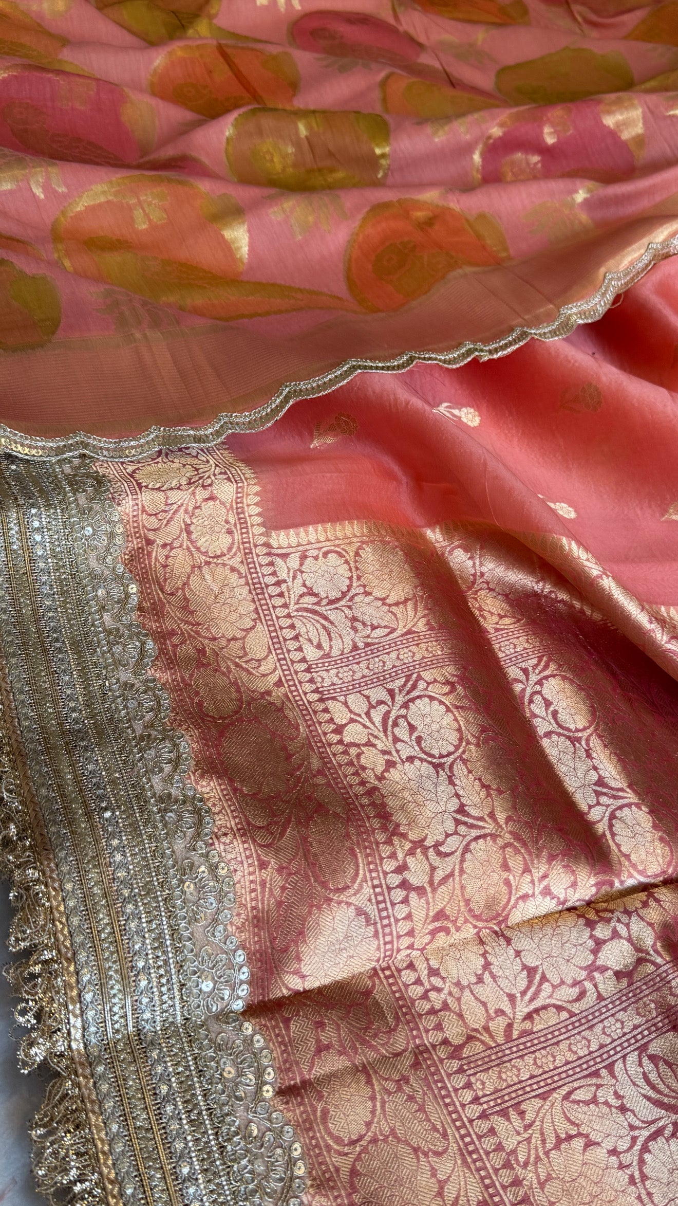 Kora silk chap dye contrast border kadhwa saree paired with moonga silk duppata