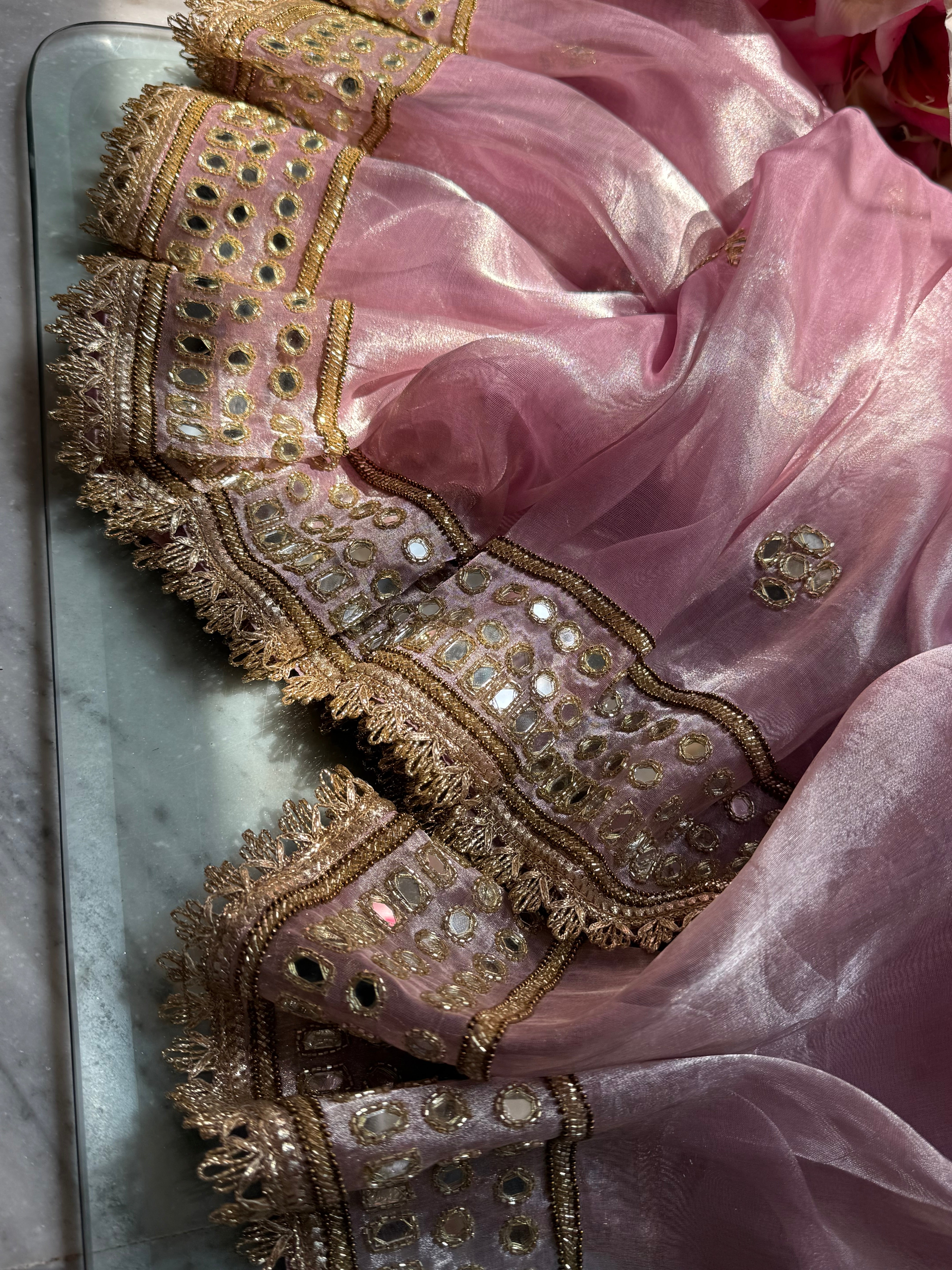 Engagement wali saree - Powder pink diamond tissue silk mirror work hand embroidered saree