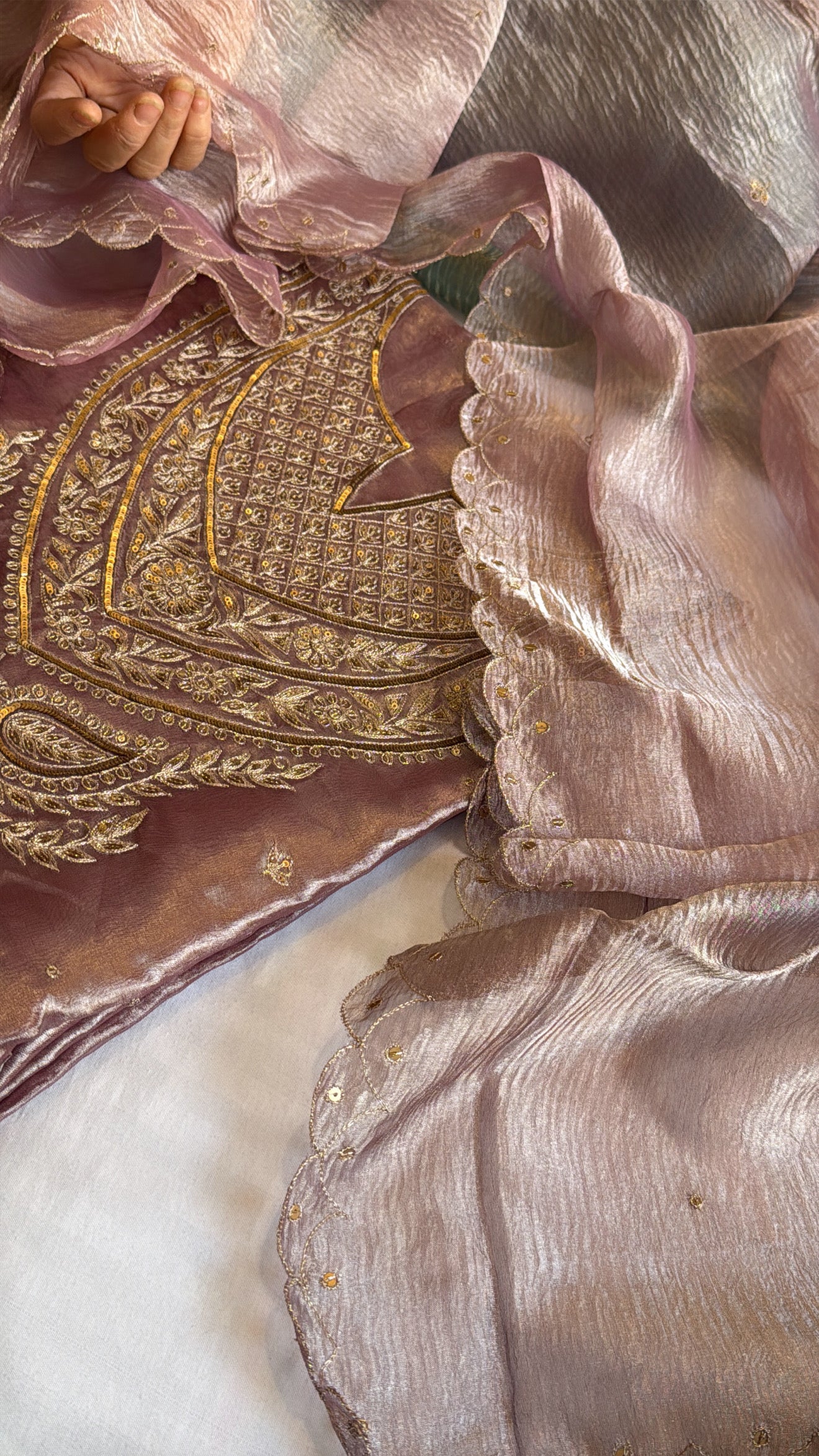 Dusty mouve diamond tissue silk jadau work inspired hand embroidered suit sets