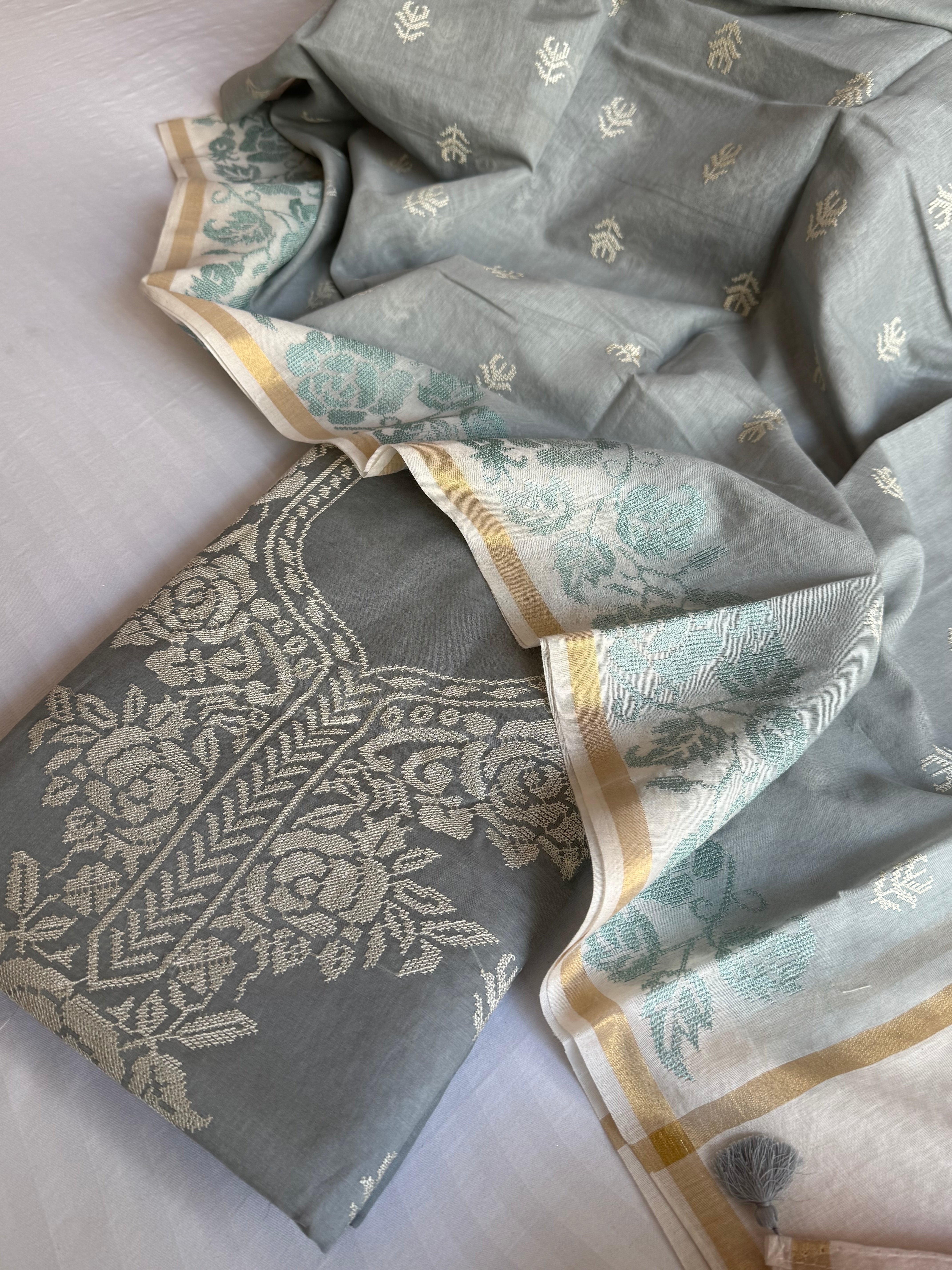 Steel grey mul cotton cross-stitch hand embroidered kadhwa suit set