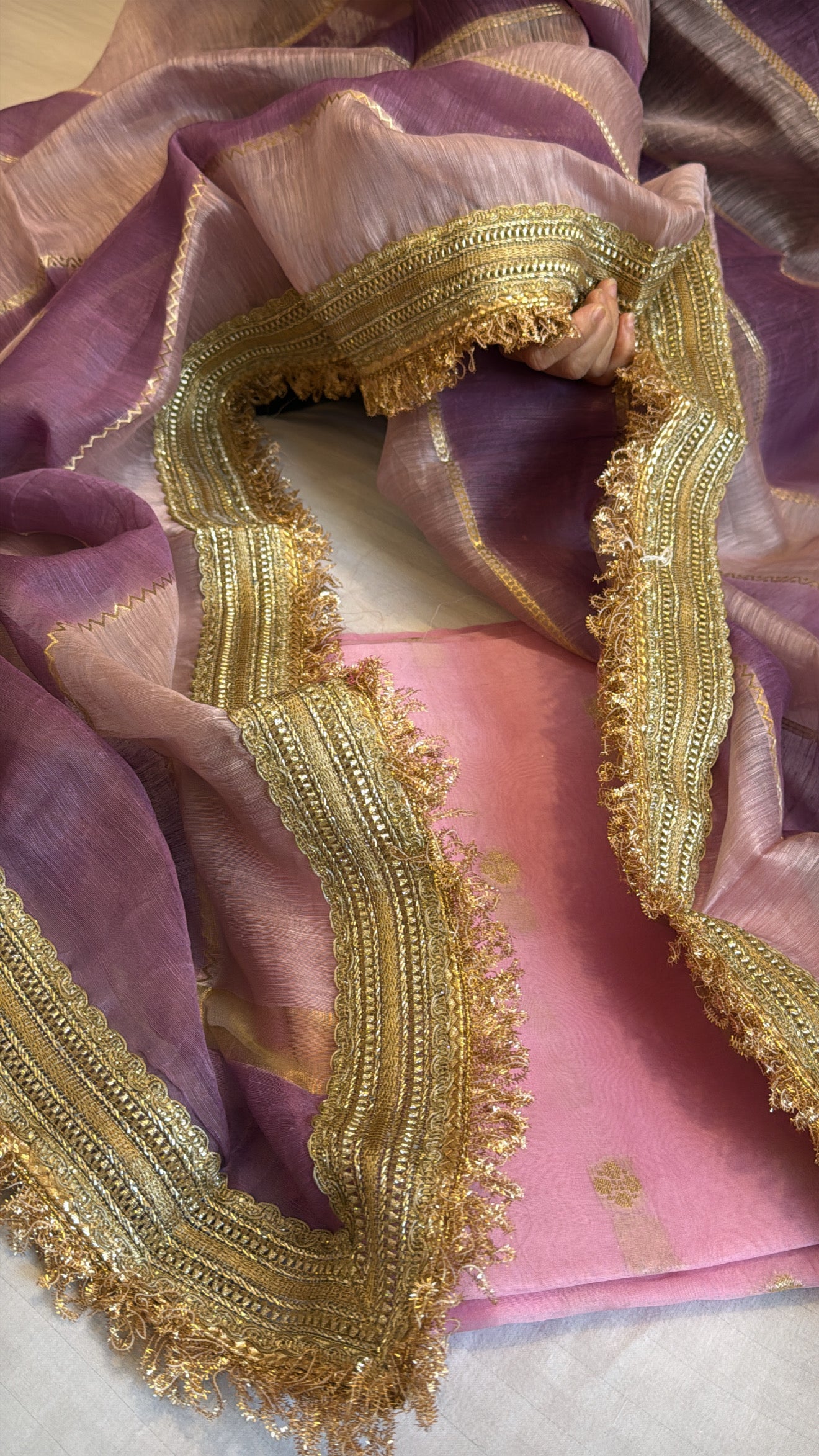 Candy pink kora silk kurta paired with linen gorgette rangkaat duppata set