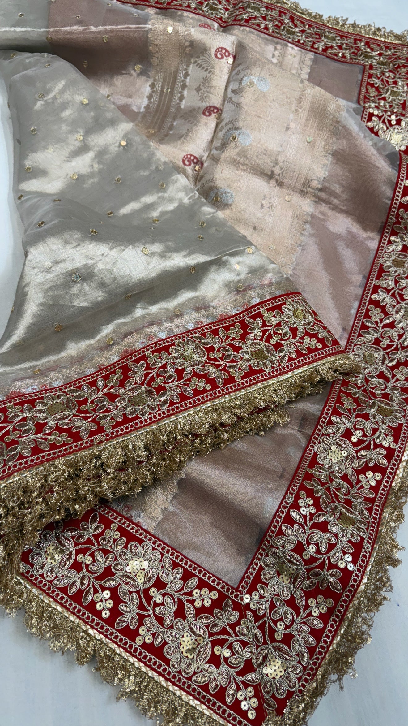 Diamond tissue silk chunri buti hand embroidered panetar saree