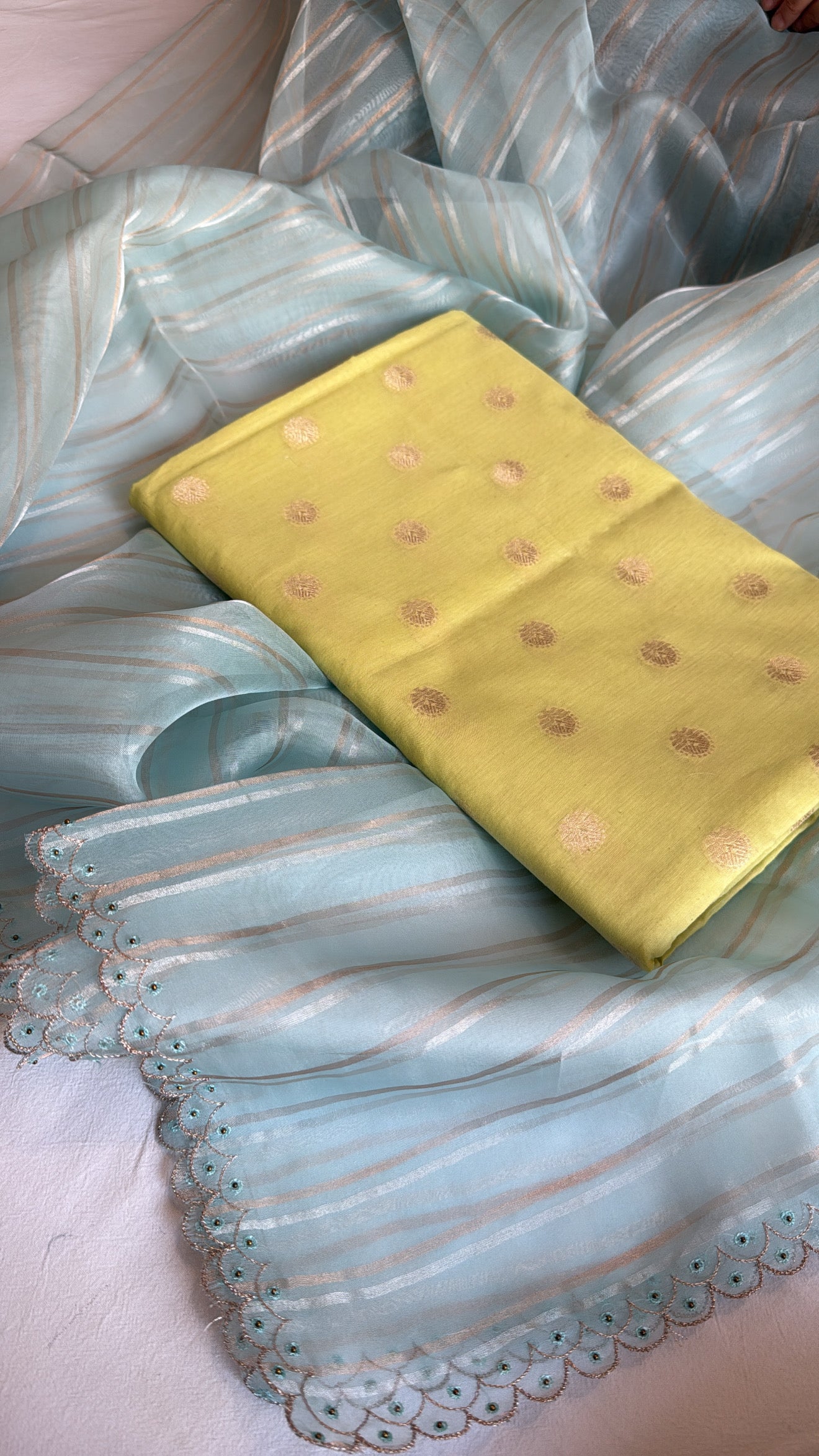 Banarasi handloom cotton kadhwa buti kurta paired with kora silk striped scalloped hand embroidered duppata set