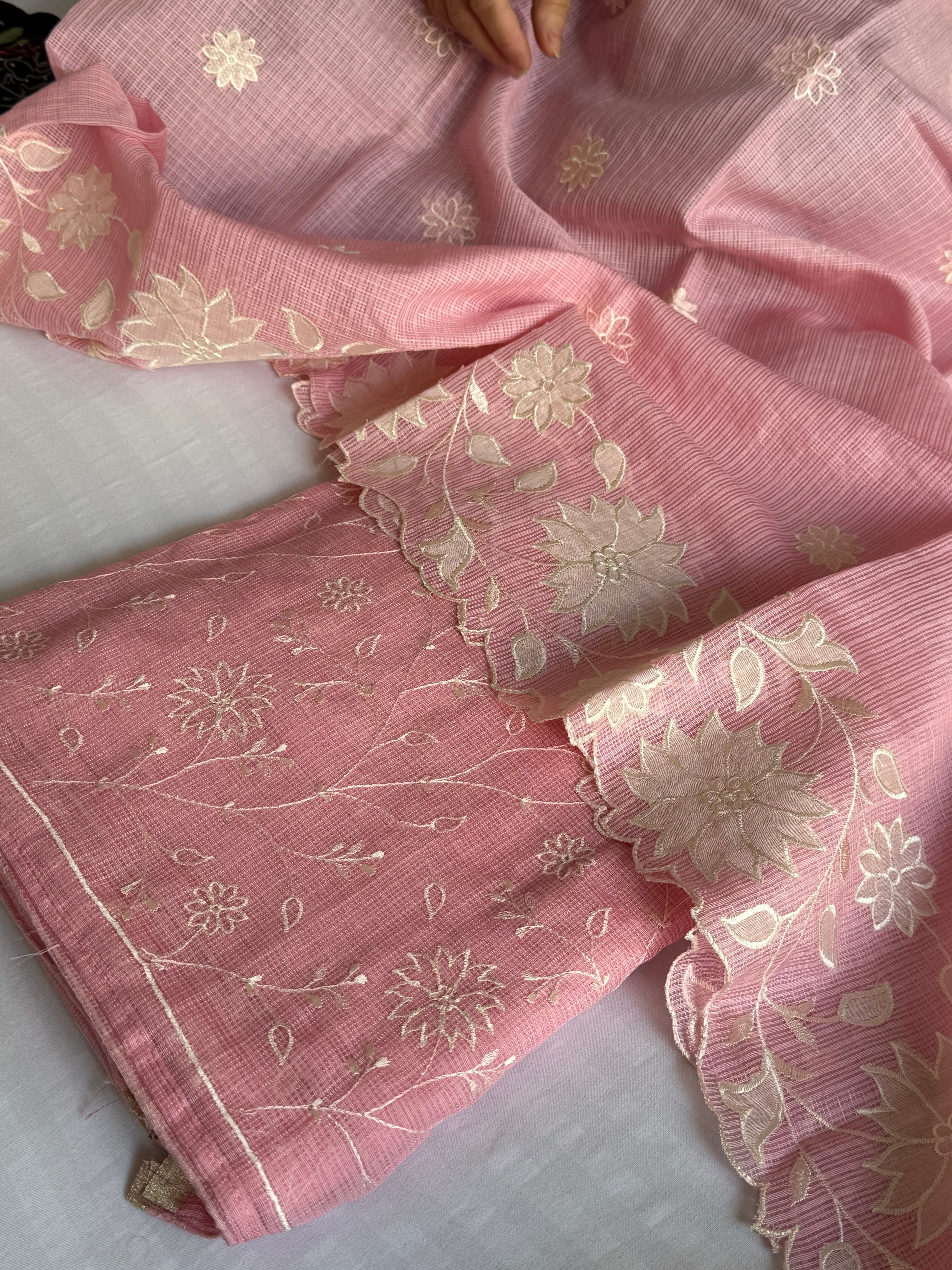 Peachy pink kota check appliqué work kadhwa suit set